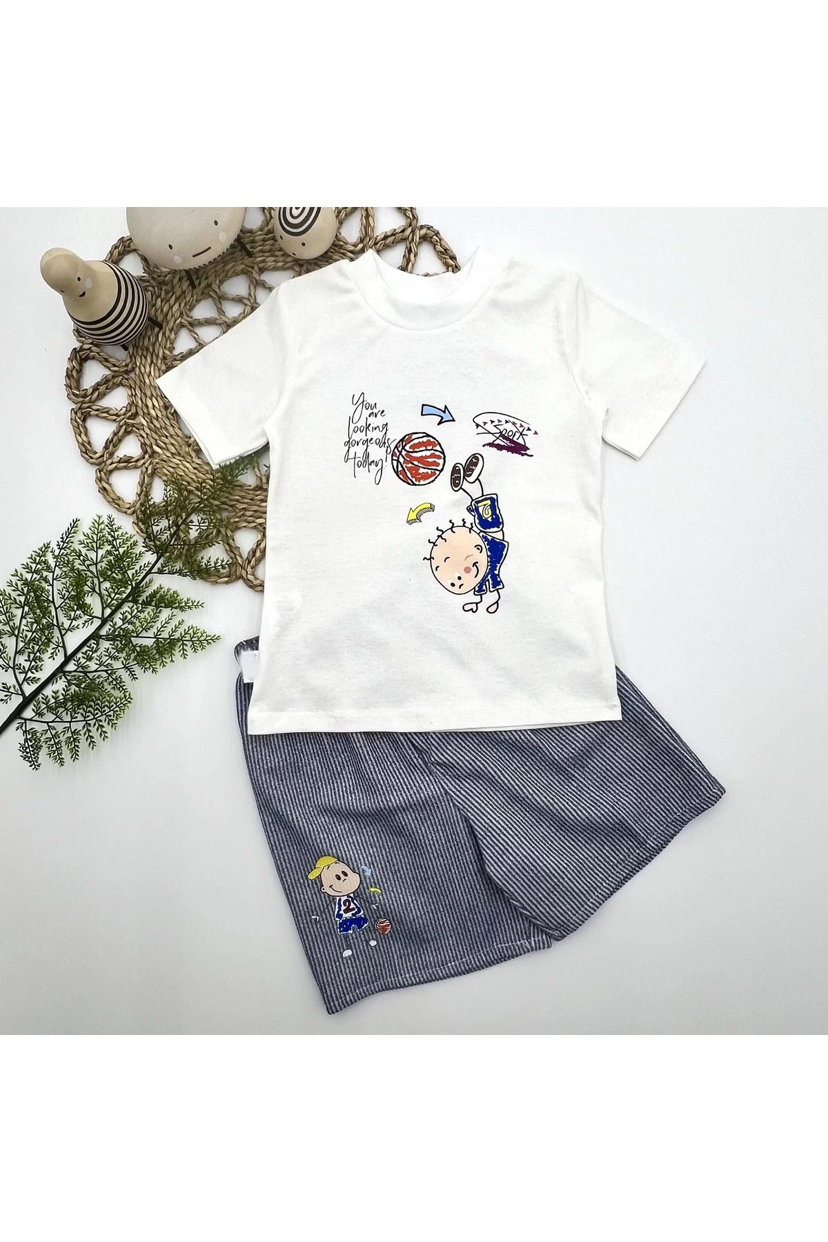 onlinebutik Topçu Erkek Çocuk Baskılı Şortlu Kısa Kollu Tişört 2li Erkek Bebek Takımı