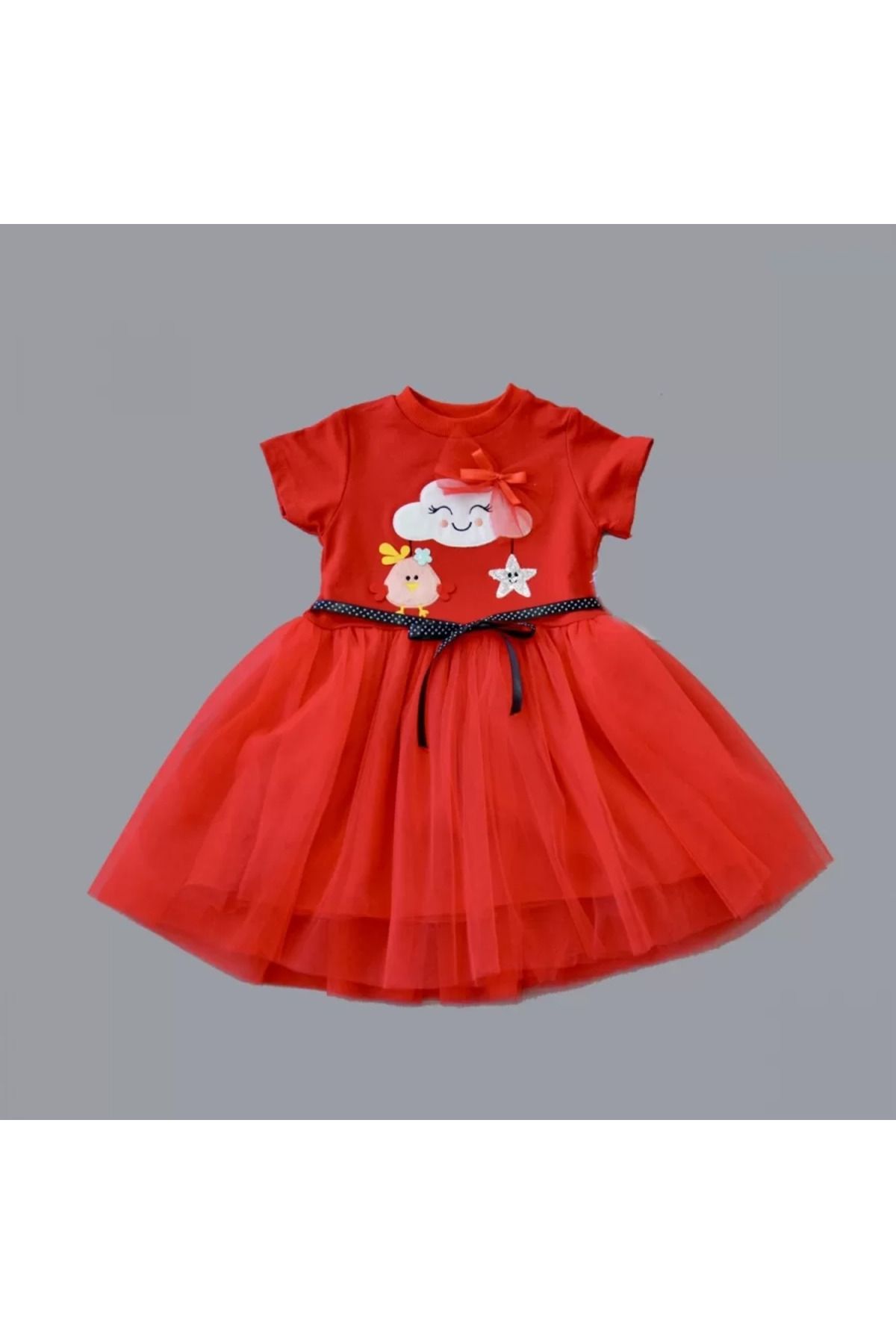 onlinebutik Tül Tokalı Bulut Civciv Ve Yıldız Nakışlı Kız Bebek Elbisesi Kırmızı