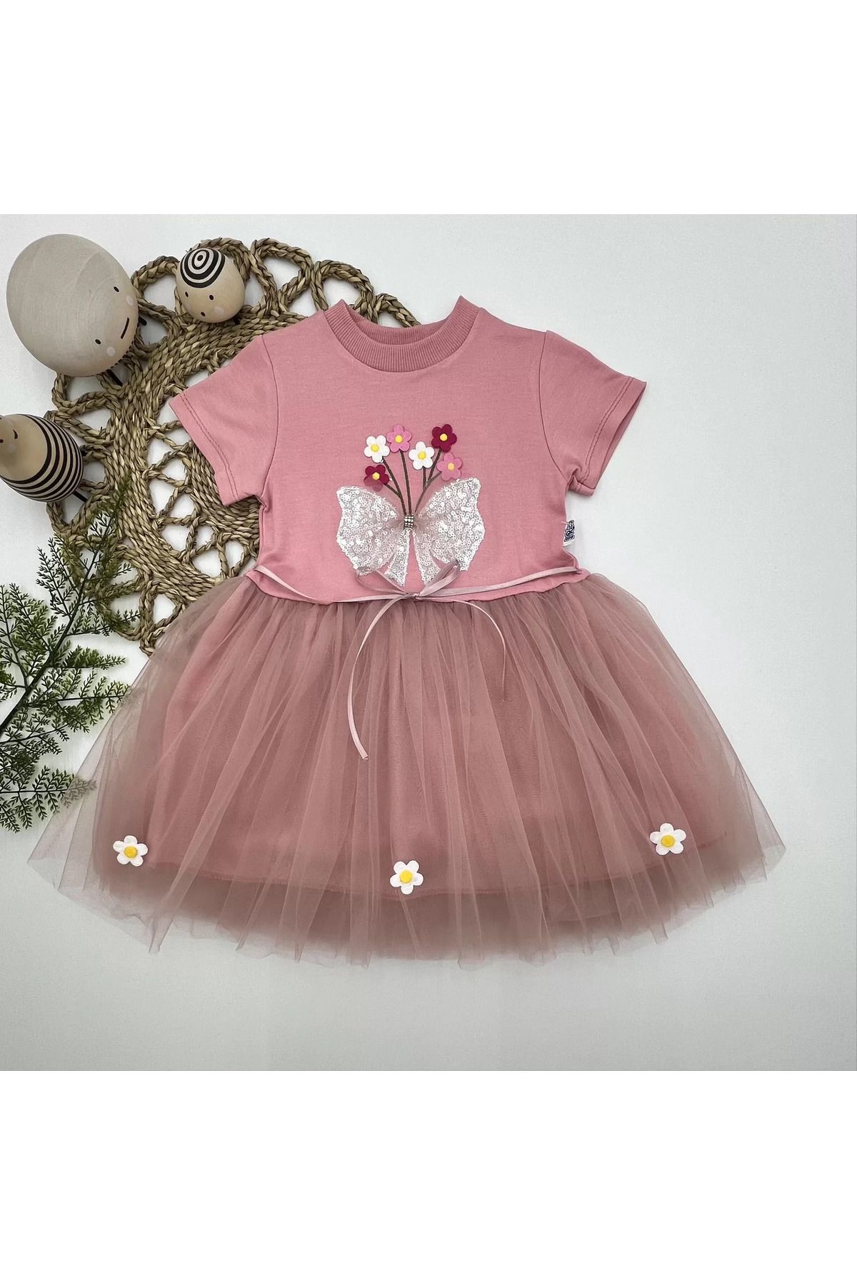 onlinebutik Tül Fiyonk Çiçekler Nakışlı Astarlı Kız Bebek Tütü Elbisesi Pudra