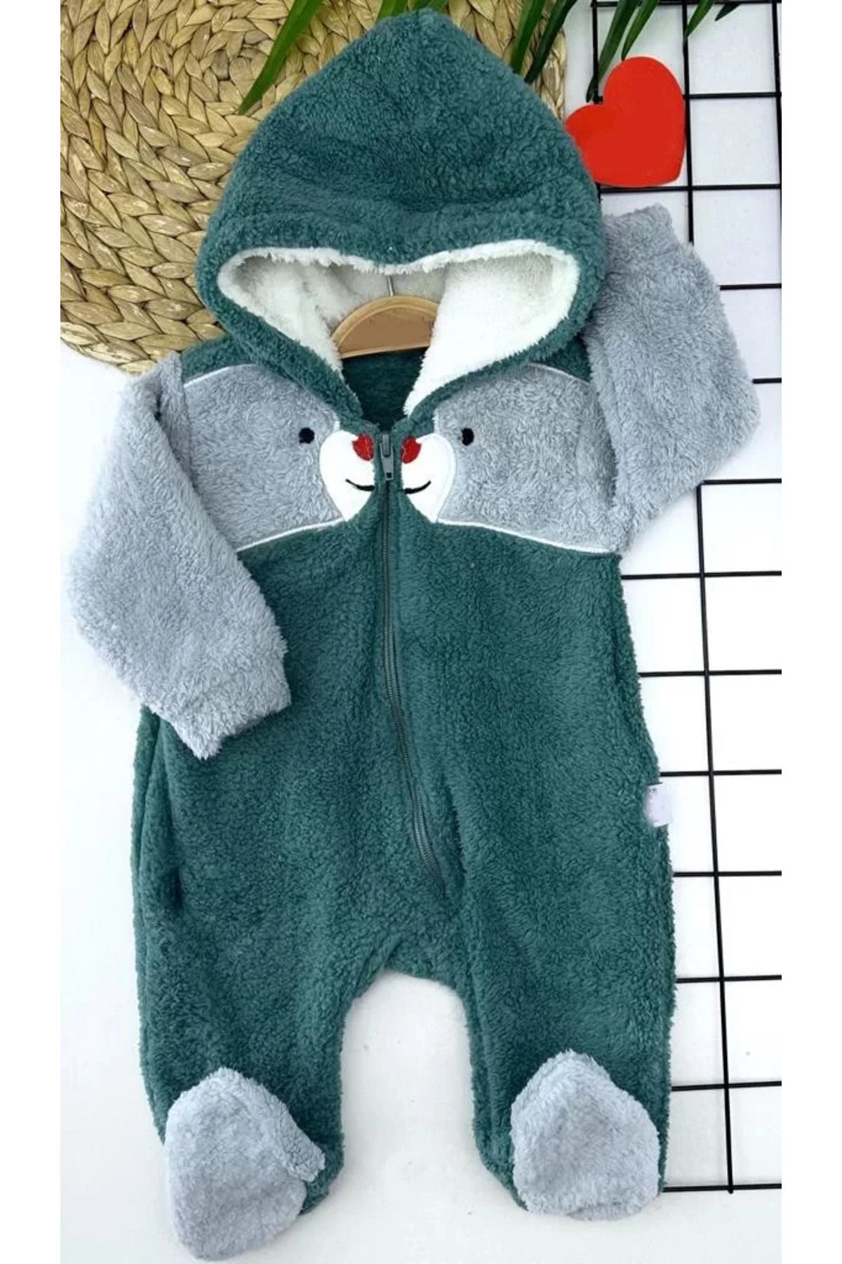 onlinebutik 6-9-12-18 Ay Boydan Fermuarlı Welsoft Tüylü Kumaş Kapşonlu Patikli Kız Erkek Bebek Tulumu