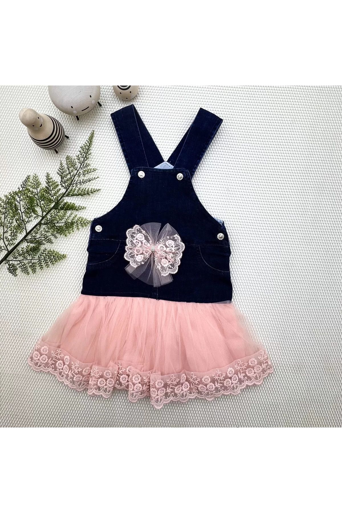 onlinebutik Fiyonklu Düğme Detaylı Tül Etek Kot Kumaş Salopet Kız Çocuk Elbisesi Lacivert-pudra