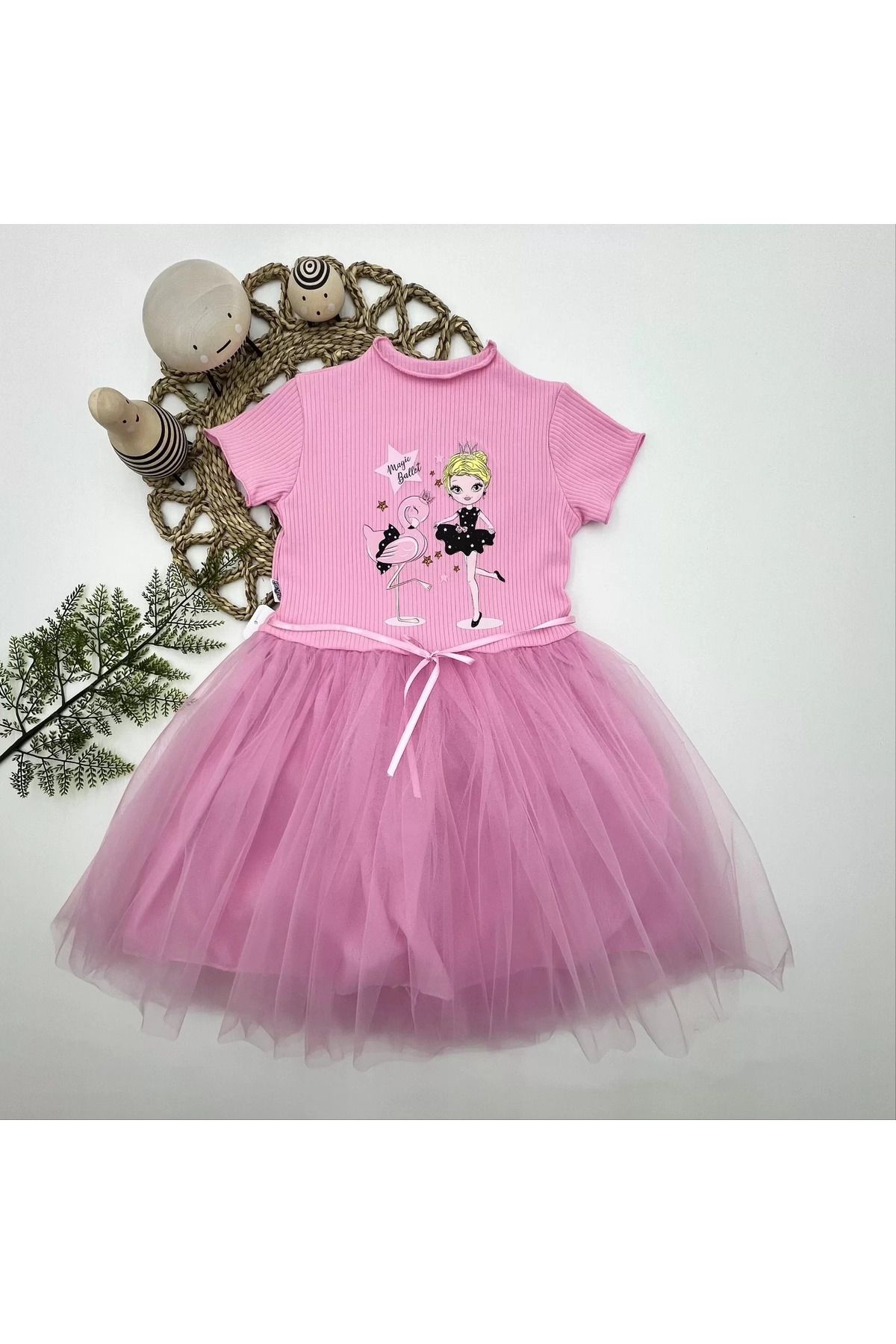 onlinebutik Flamingo Balerin Kız Baskılı Kurdela Kuşaklı Astarlı Kız Çocuk Tütü Elbise Pembe