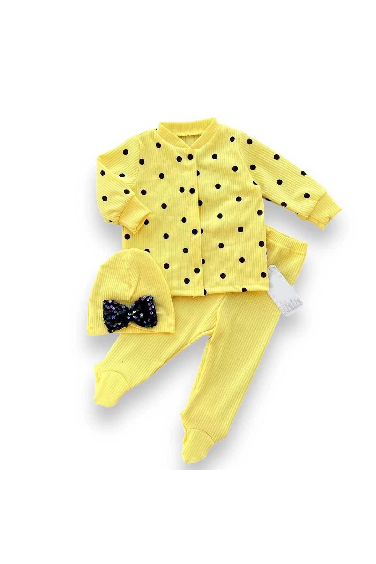 onlinebutik 3-6-9-12 Ay Puantiyeli Şapkalı Çıtçıt Kapamalı Patikli 3lü Kız Bebek Takımı