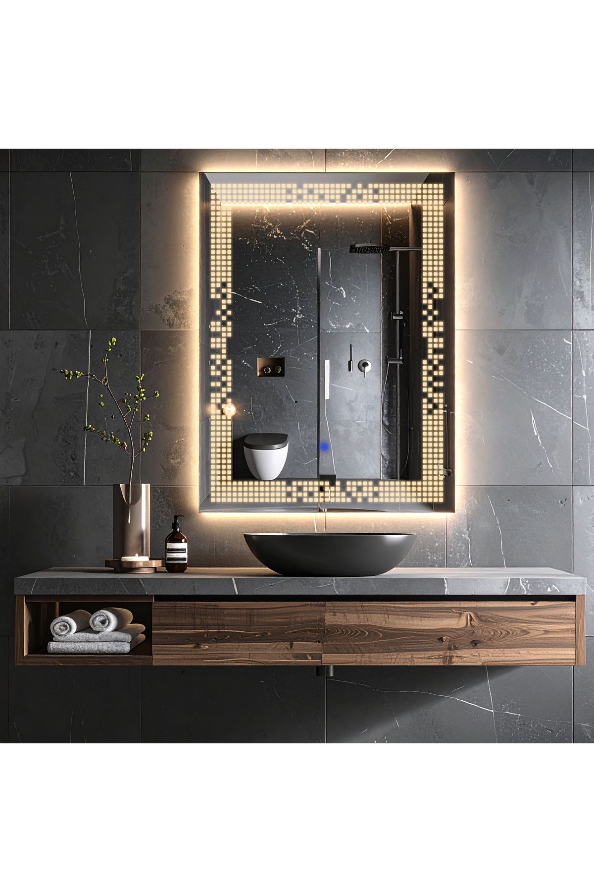 lumora mirror design Solrae Günışığı Led'li Lazer Kumlamalı Lavabo & Banyo Aynası (Dokunmatik Sensörlü)