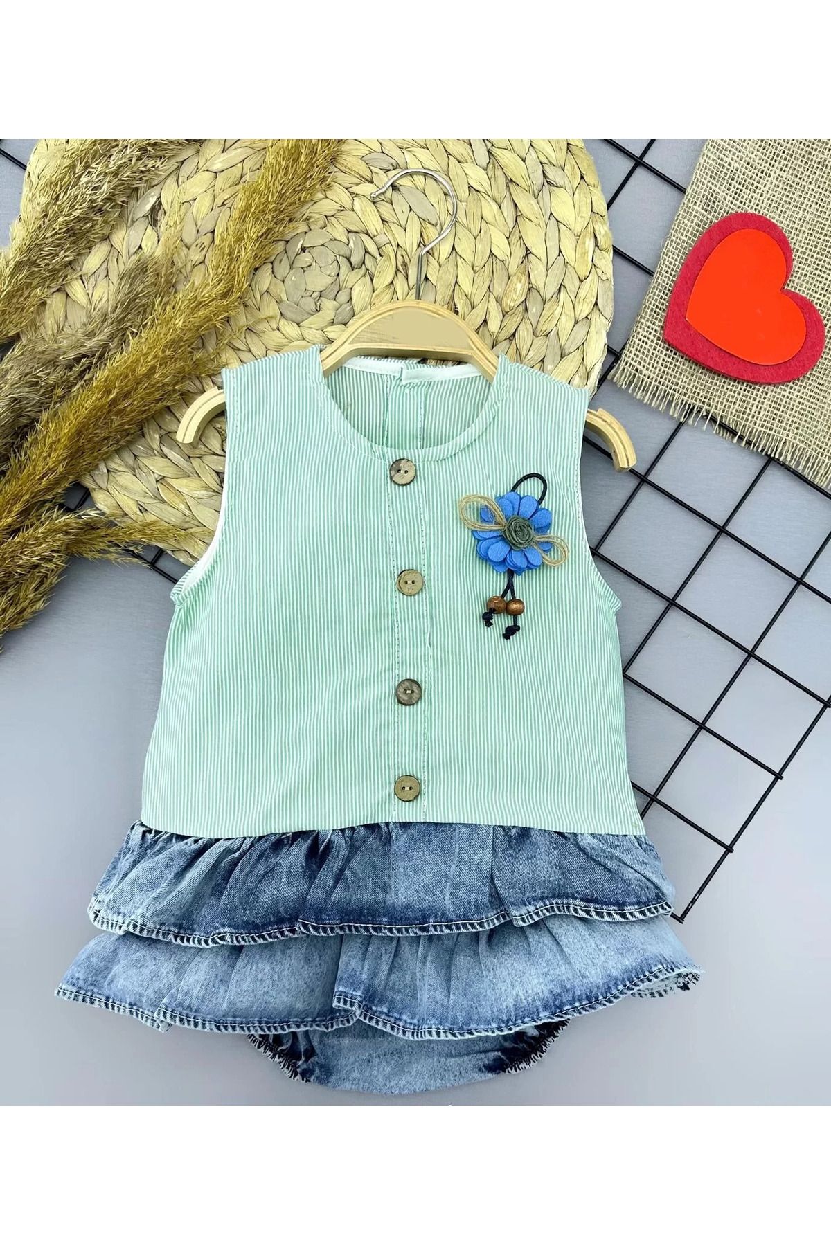 onlinebutik Gül Rozet Detaylı Kot Kilotlu Etek Kız Bebek Elbisesi