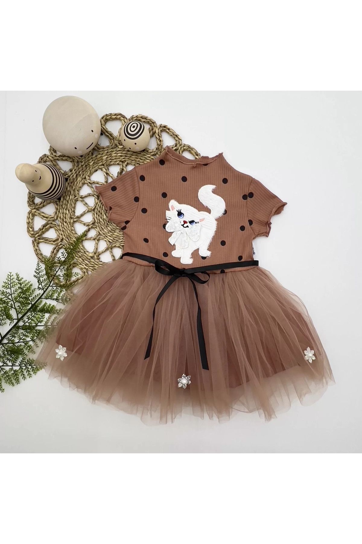 onlinebutik Petli Kedicik Baskılı Puantiyeli Kız Bebek Elbisesi Kahverengi