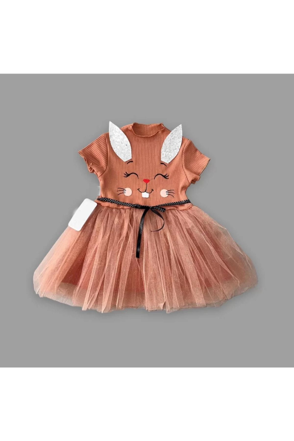 onlinebutik Petli Kulak Tavşan Baskılı Kız Bebek Elbisesi Kahverengi