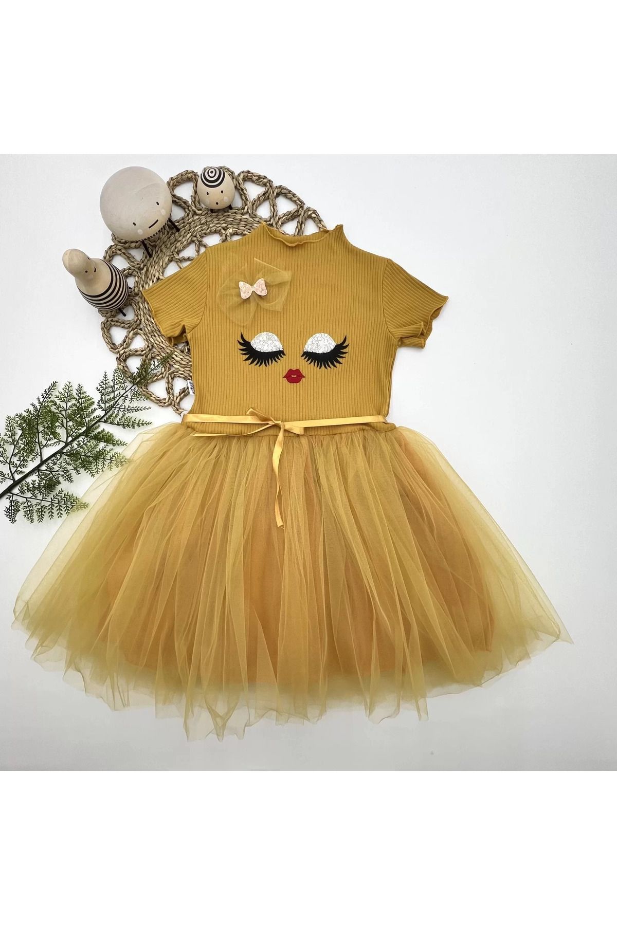 onlinebutik Petli Süslü Yüz Baskılı Kız Çocuk Elbisesi Hardal