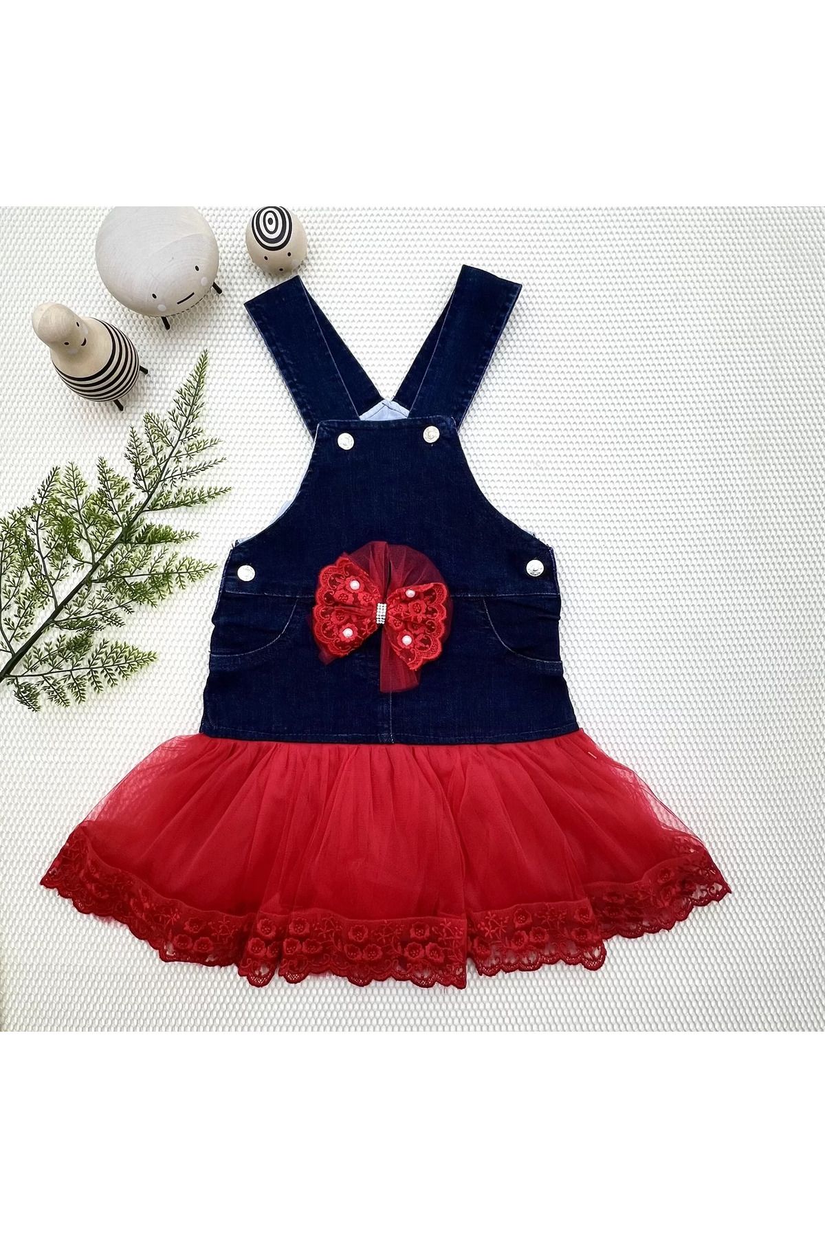 onlinebutik Fiyonklu Düğme Detaylı Tül Etek Kot Kumaş Salopet Kız Çocuk Elbisesi Lacivert-kırmızı
