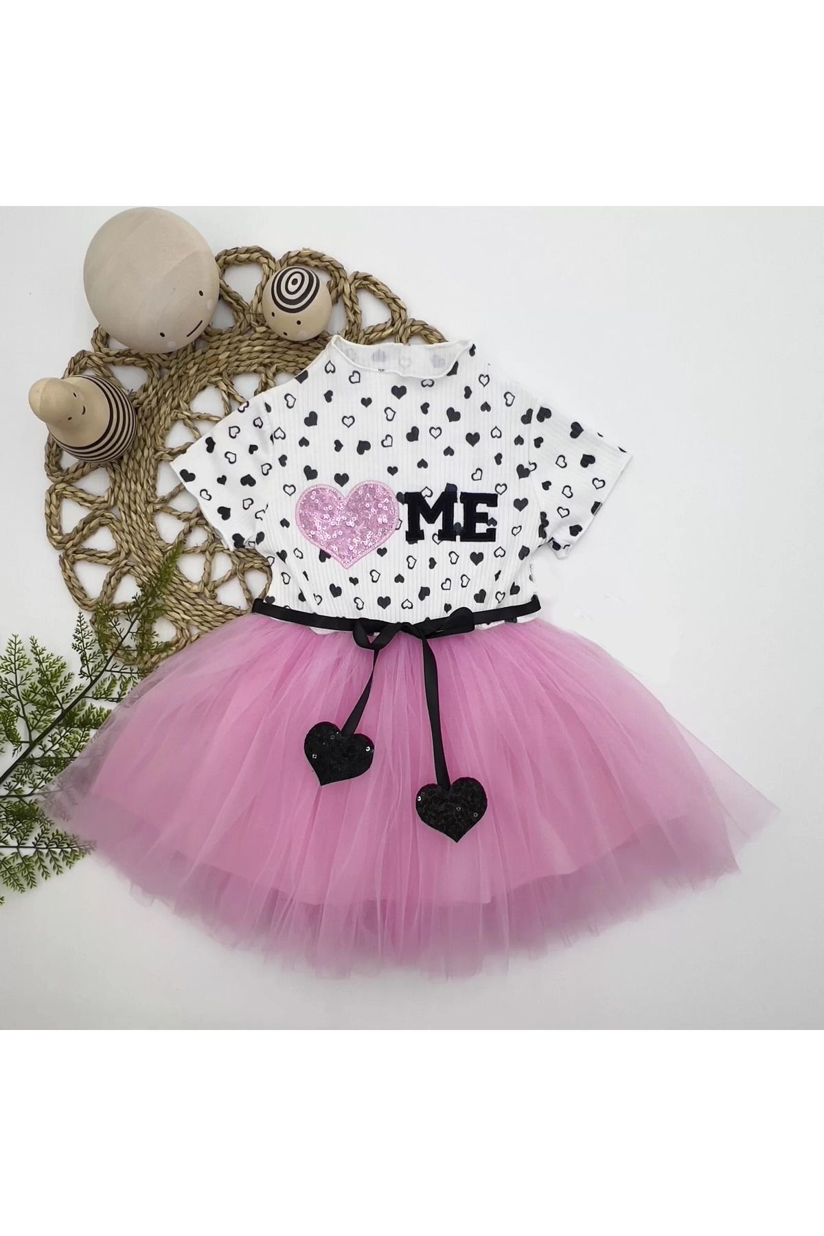 onlinebutik Petli Kalp Me Baskılı Kız Bebek Elbisesi Pembe