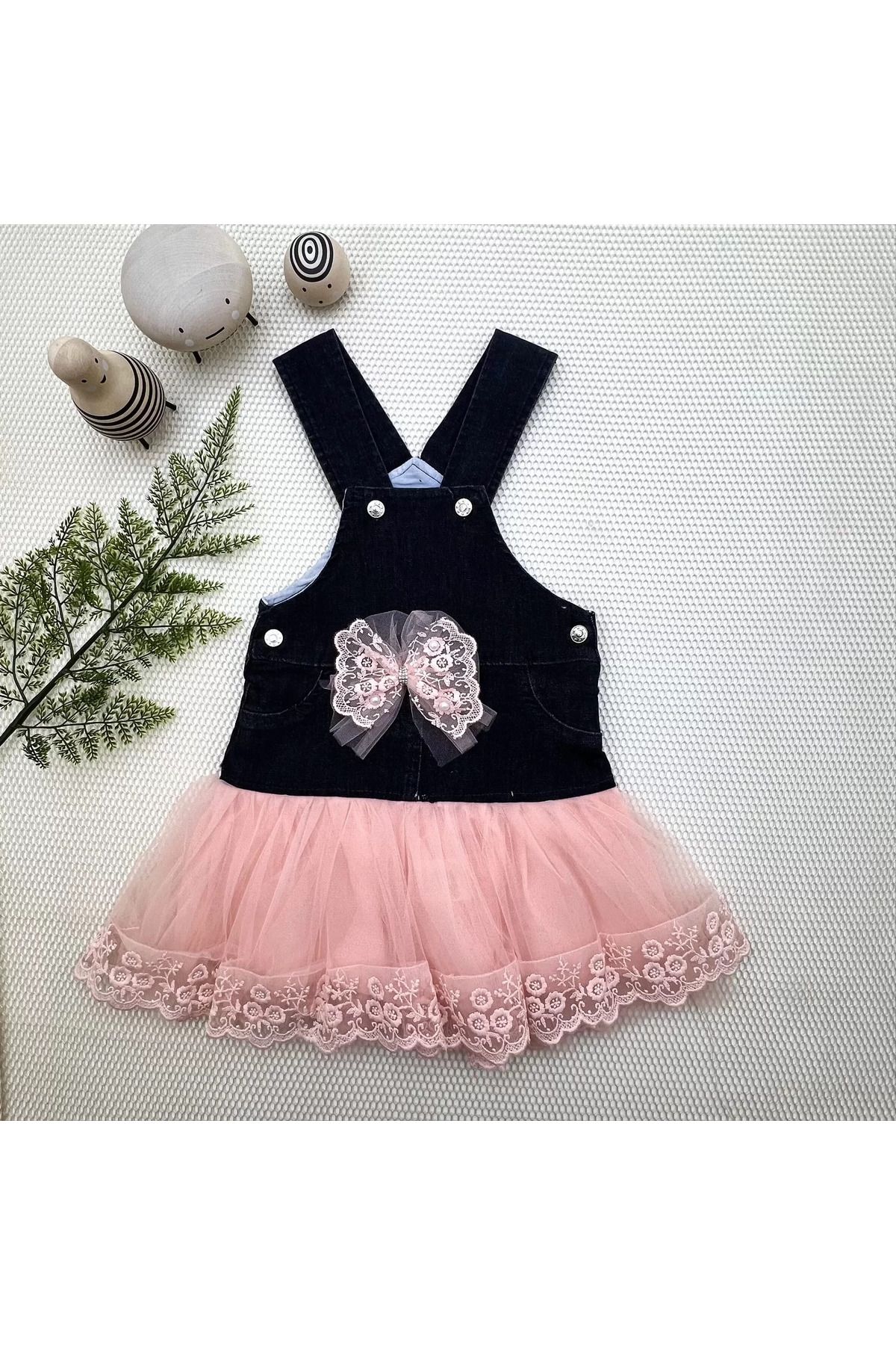 onlinebutik Fiyonklu Düğme Detaylı Tül Etek Kot Kumaş Salopet Kız Çocuk Elbisesi Siyah-pudra