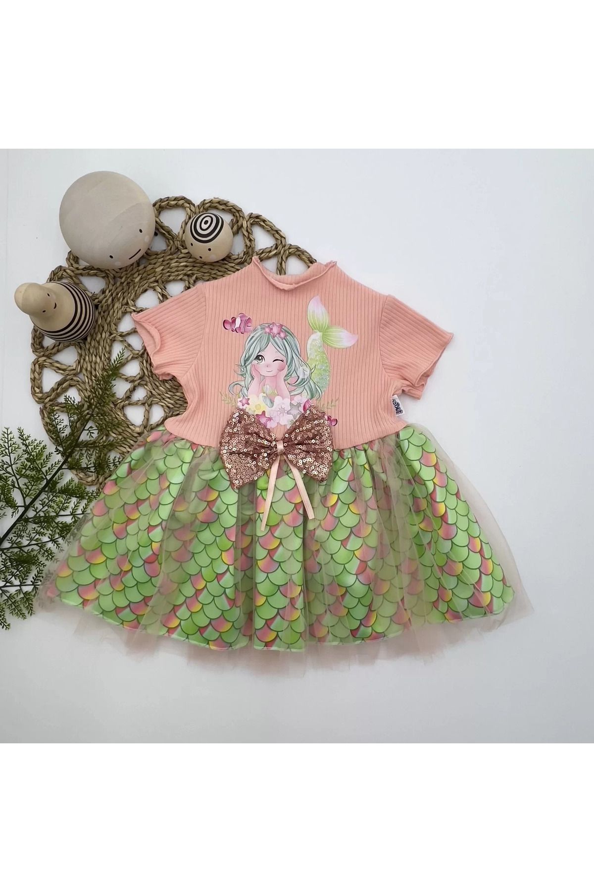onlinebutik Denizkızı Baskılı Pul Desen Etekli Kız Bebek Elbisesi Pudra