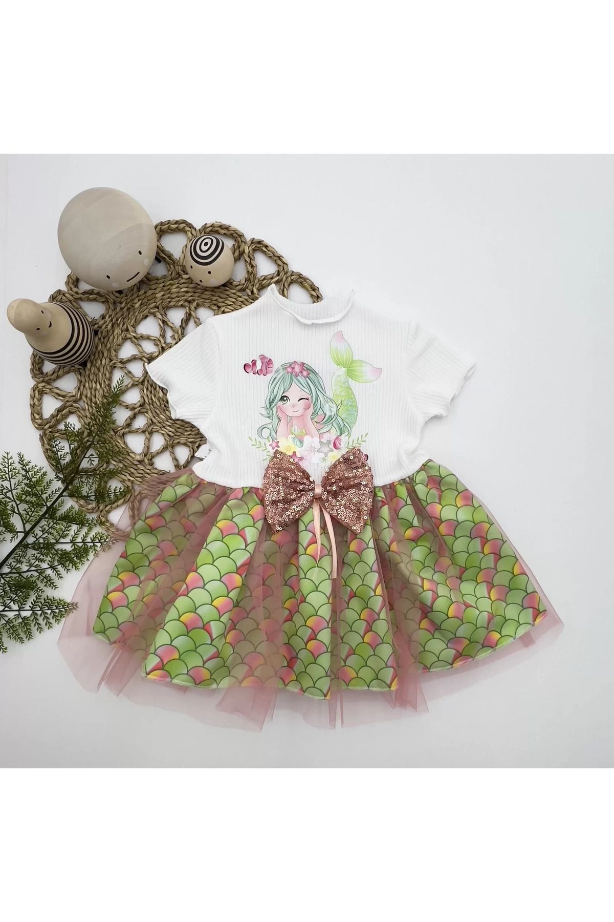 onlinebutik Denizkızı Baskılı Pul Desen Etekli Kız Bebek Elbisesi Ekru