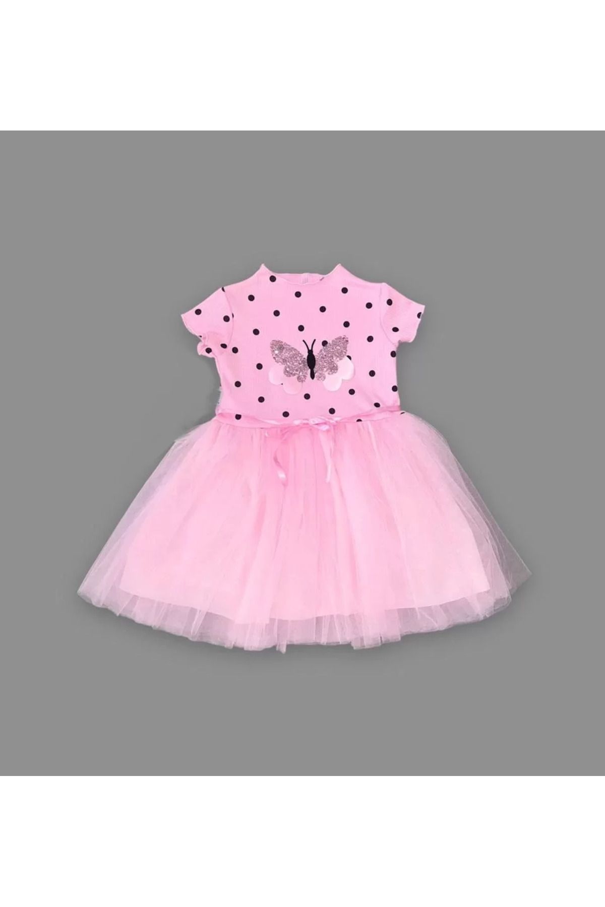 onlinebutik Payetli Kelebek Desenli Puantiyeli Kız Çocuk Elbisesi