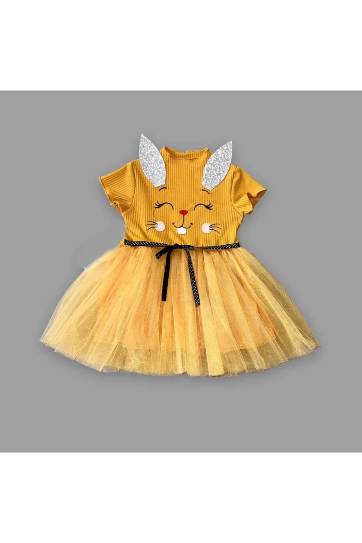 onlinebutik Petli Kulak Tavşan Baskılı Kız Bebek Elbisesi Hardal