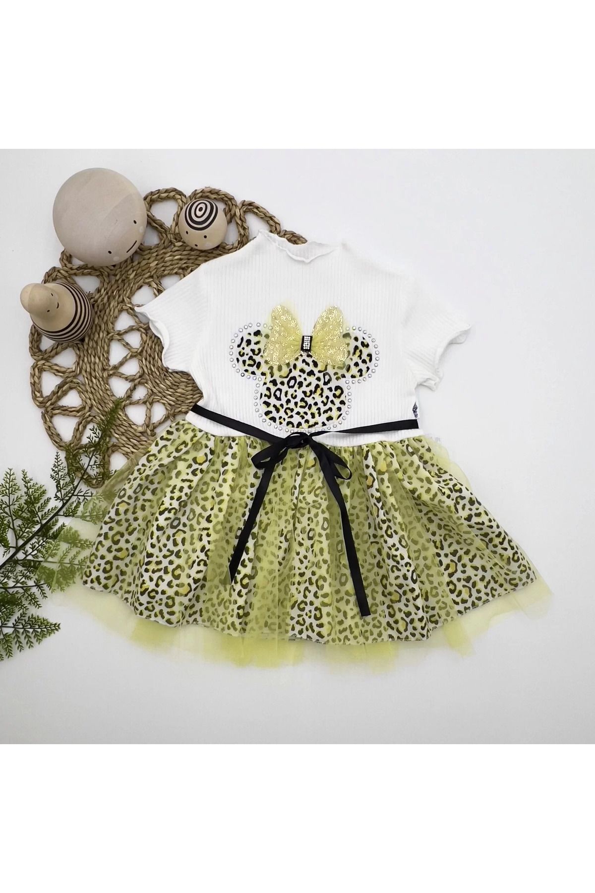onlinebutik Fiyonklu Mickey Astarlı Etekli Kız Bebek Tütü Elbisesi Sarı-ekru