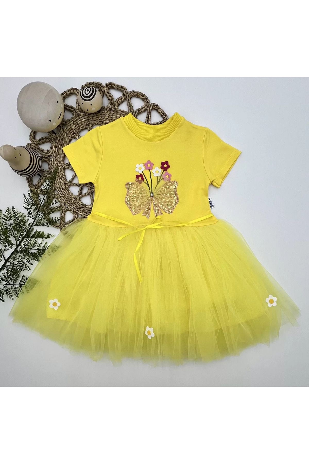 onlinebutik Tül Fiyonk Çiçekler Nakışlı Astarlı Kız Bebek Tütü Elbisesi Sarı