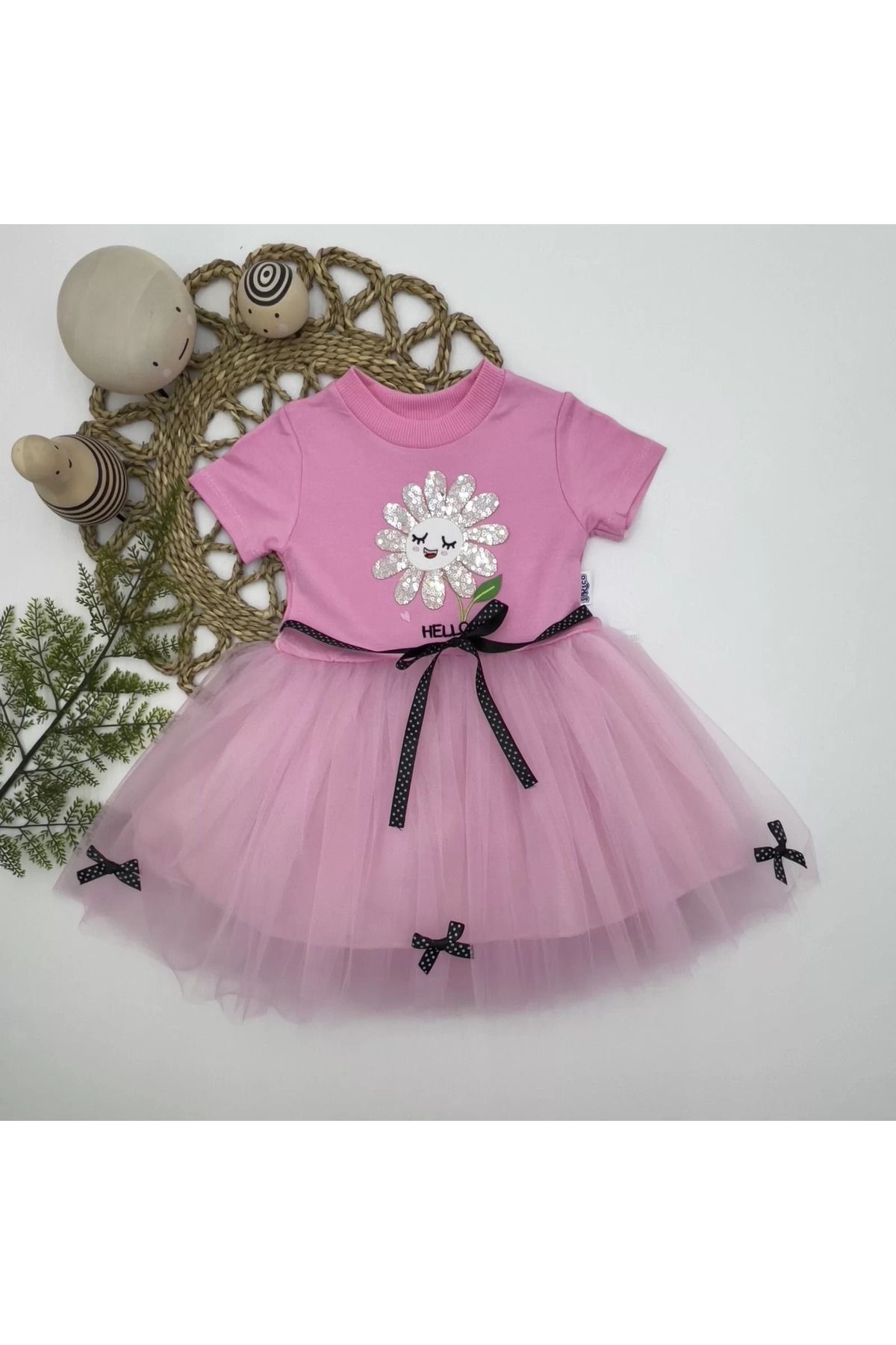 onlinebutik Pet Yapraklı Çiçek Nakışlı Astarlı Kız Bebek Tütü Elbisesi Pembe