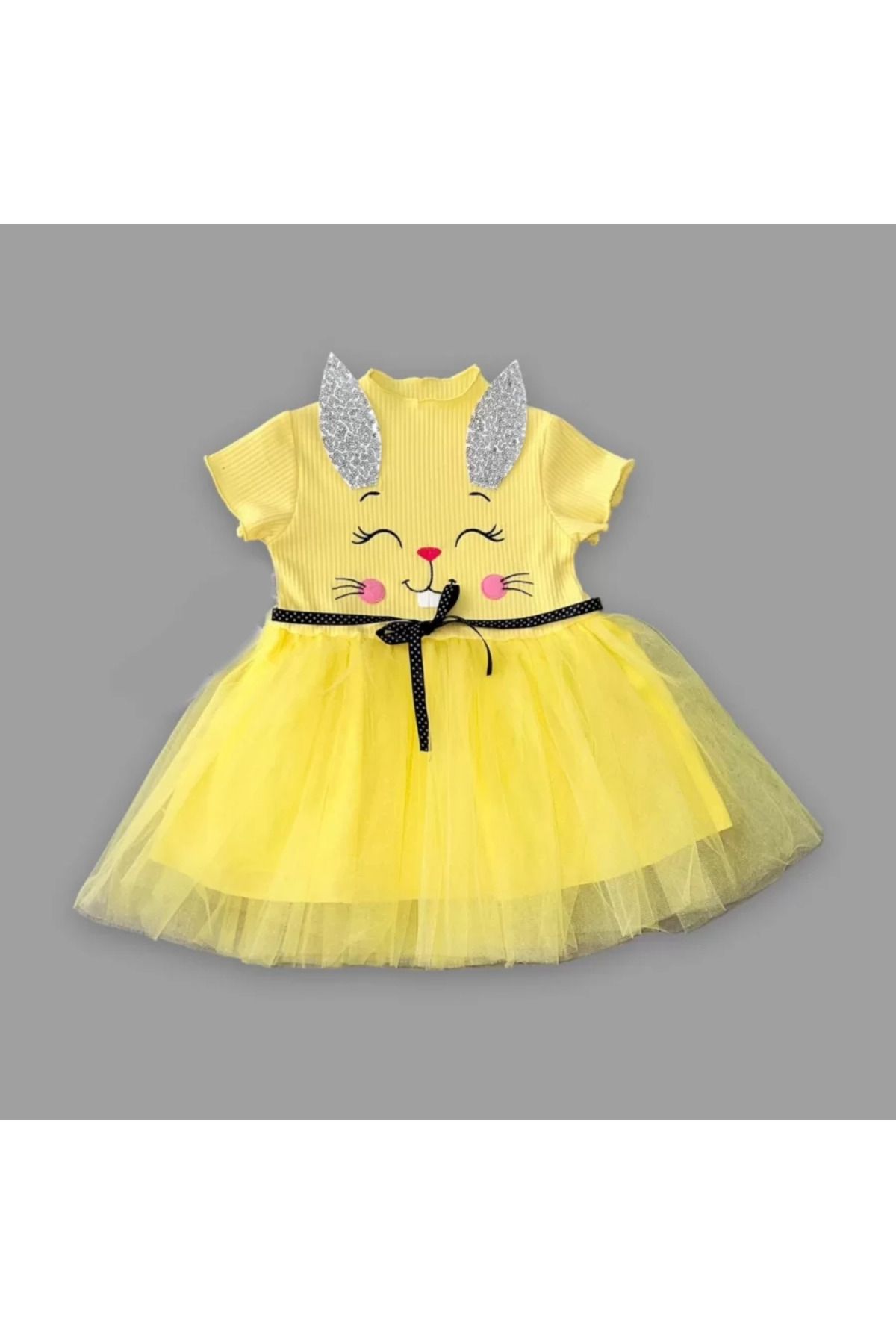 onlinebutik Petli Kulak Tavşan Baskılı Kız Bebek Elbisesi Sarı