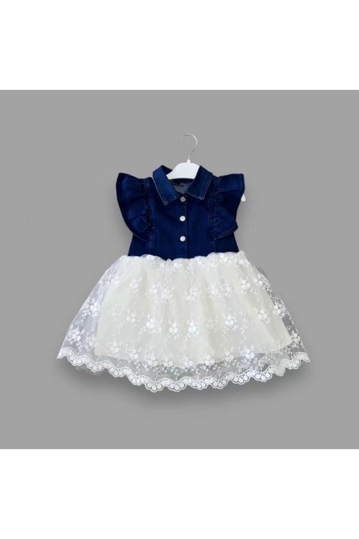 onlinebutik Astarlı Brode Etekli Kot Kumaş Düğmeli Kız Çocuk Elbisesi Mavi