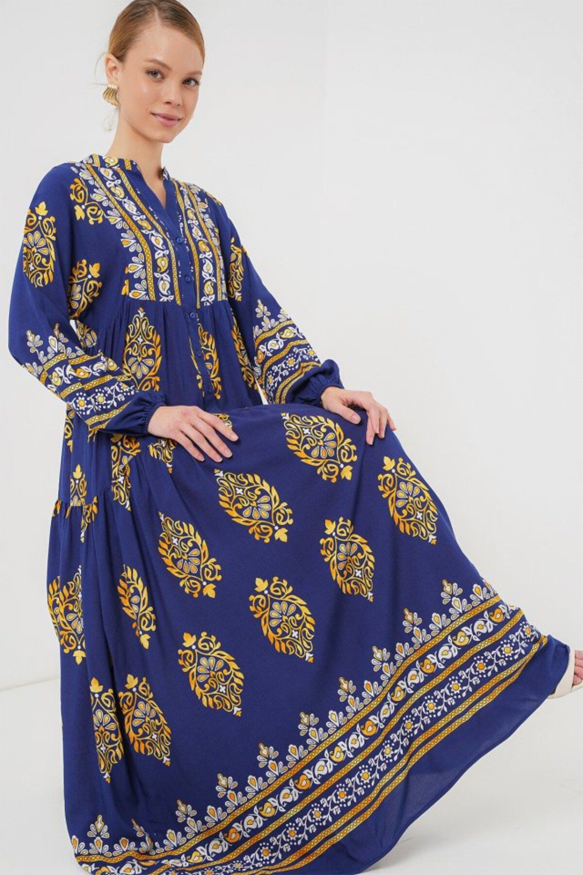 ARUZ MODA 2423 Otantik Desenli Tesettür Elbise - Lacivert 6