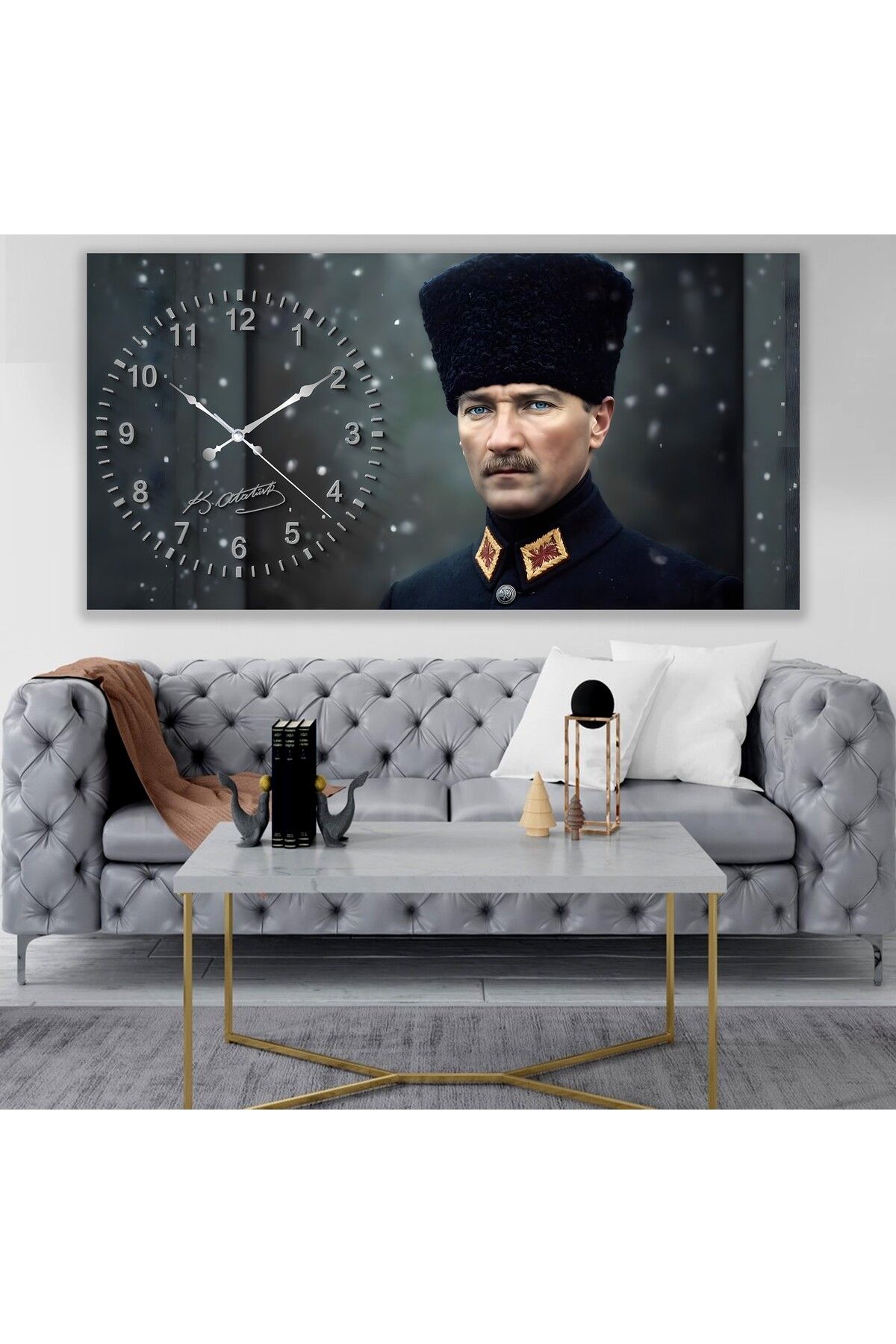 EMYA HOME Saatli Atatürk Panoramik Kanvas Tablo
