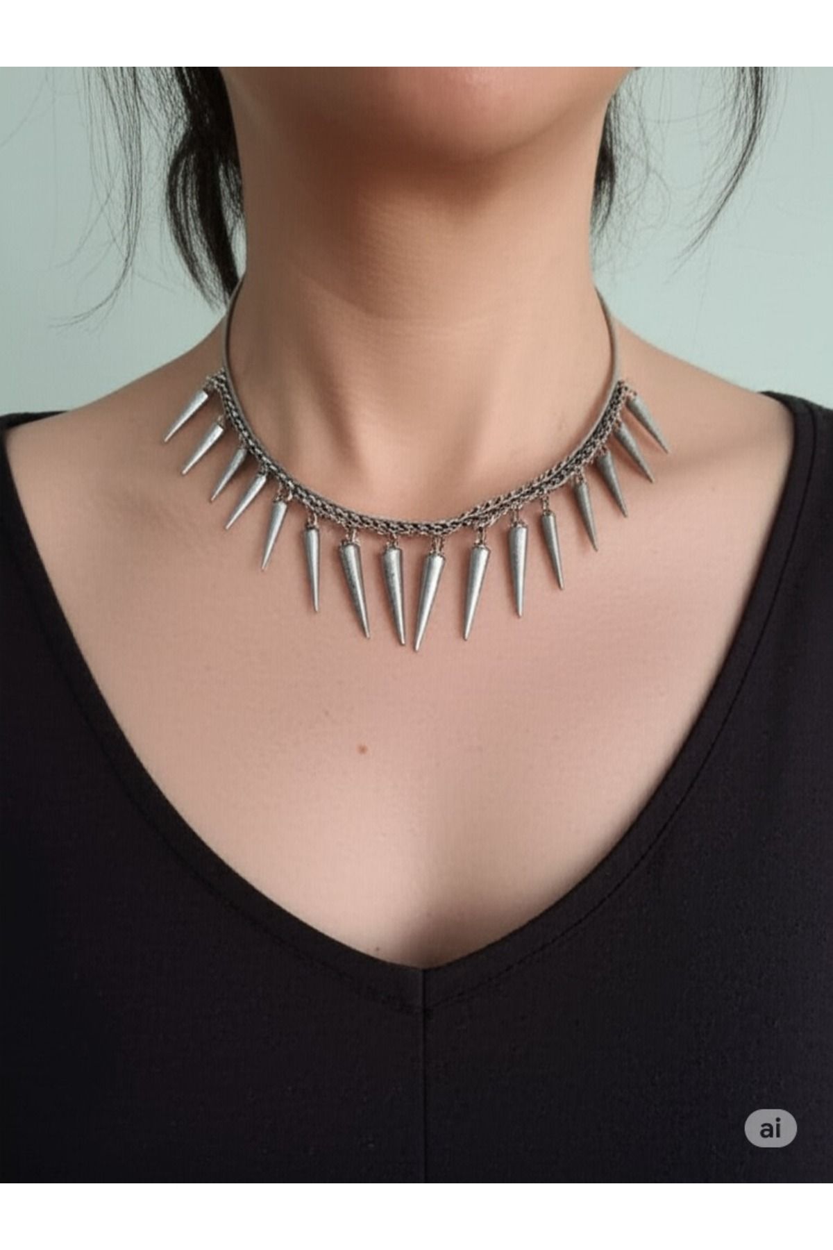 Mimi Aksesuar Spike Model Detaylı Gotik Tarz Gümüş Renk Zincir Bileşenli Kadın Spike Kolye