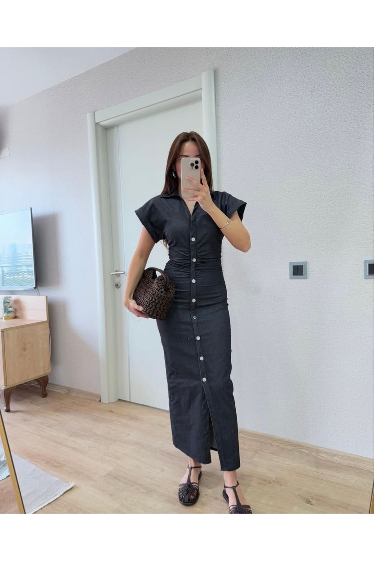 Ekim Store Düğmeli Askılı Uzun Denim Elbise