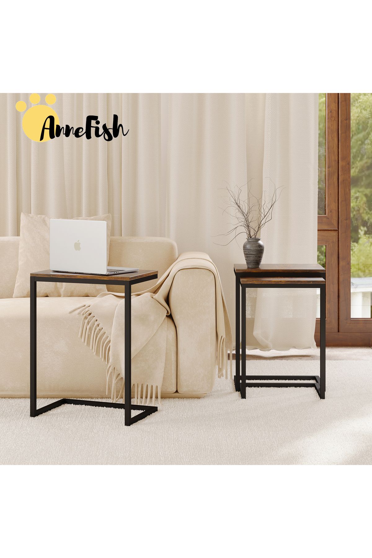 AnneFish-طقم طاولات خدمة قهوة على شكل حرف C مكون من 3 قطع، طاولة جانبية متداخلة، طاولة قهوة صغيرة، طاولة أريكة 3