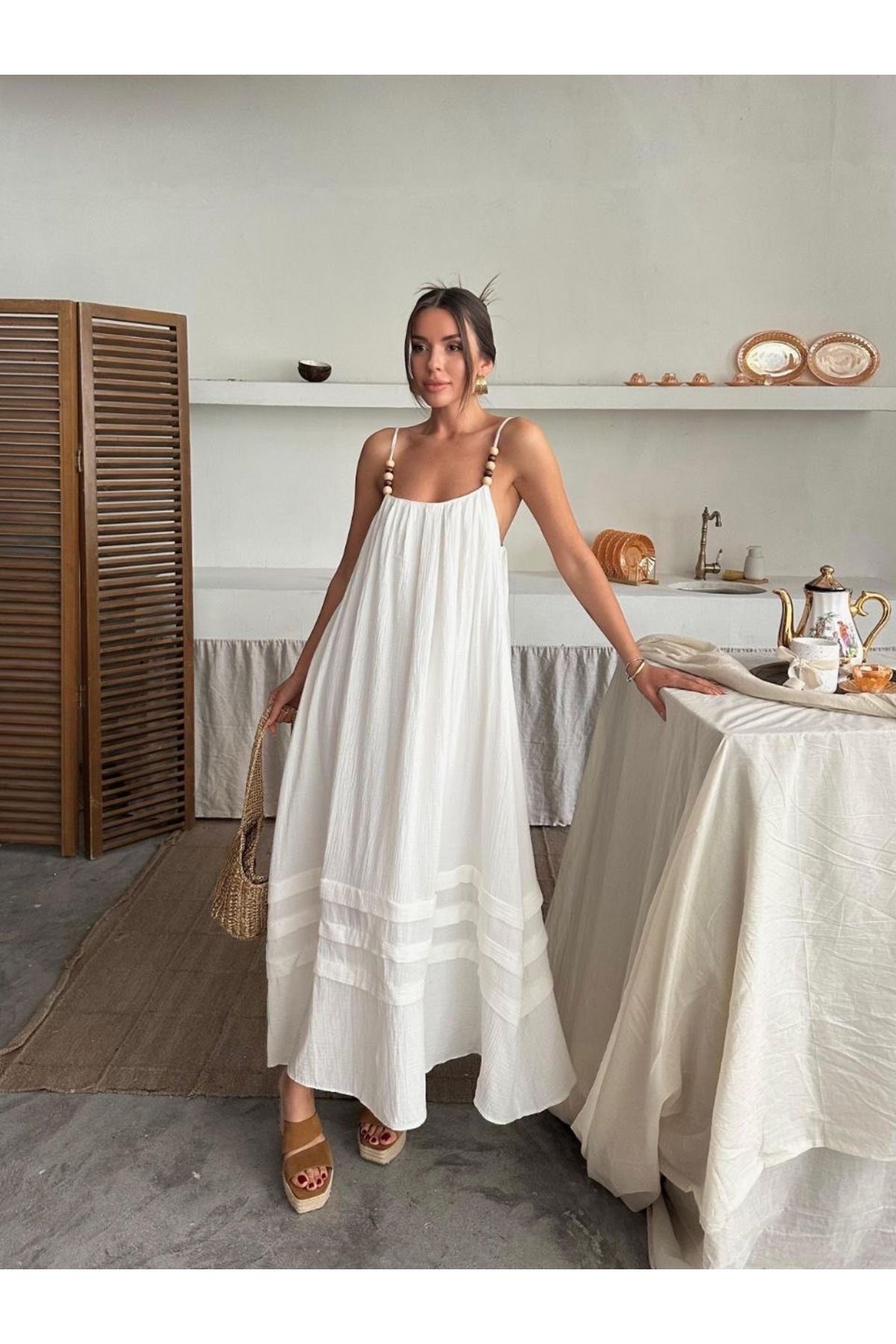 Ekim Store Keten Taş Askılı Salaş Uzun Elbise