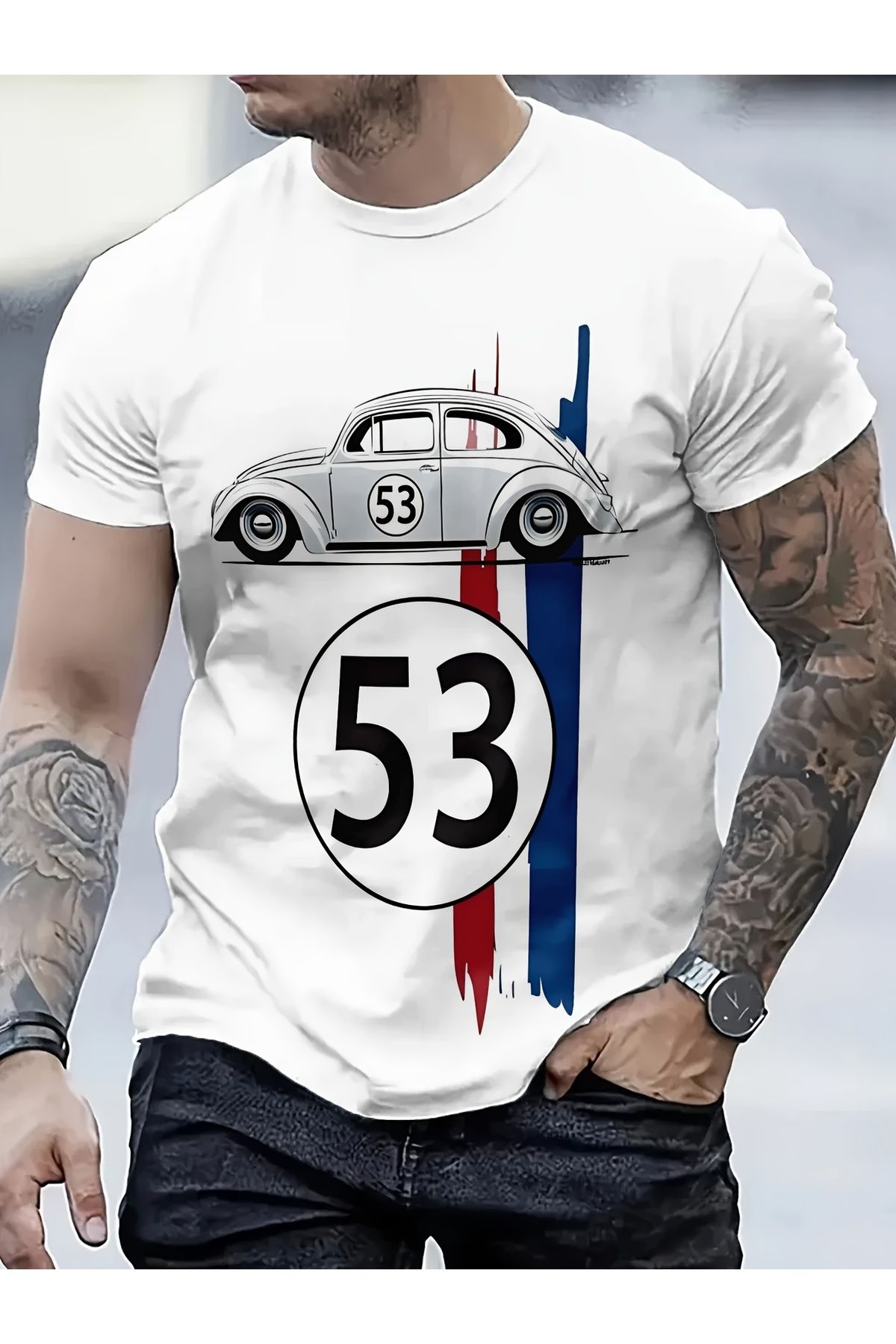 ship master Erkek Beyaz "53 Numaralı Klasik Araba" Baskılı Tişört - Spor ve Retro Stil