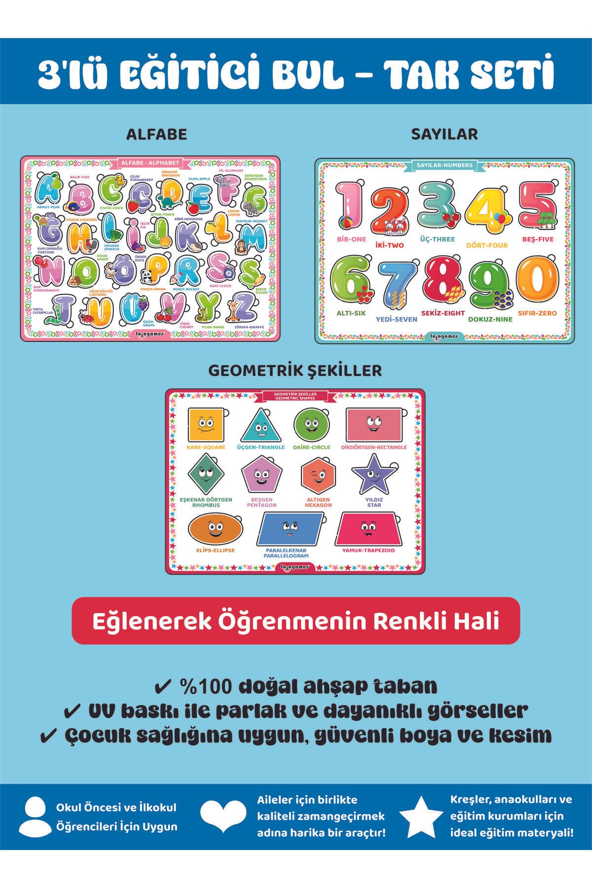 lologames 3'LÜ EĞİTİCİ BULTAK SETİ ALFABE + SAYILAR + GEOMETRİK ŞEKİLLER PUZZLE YAPBOZ