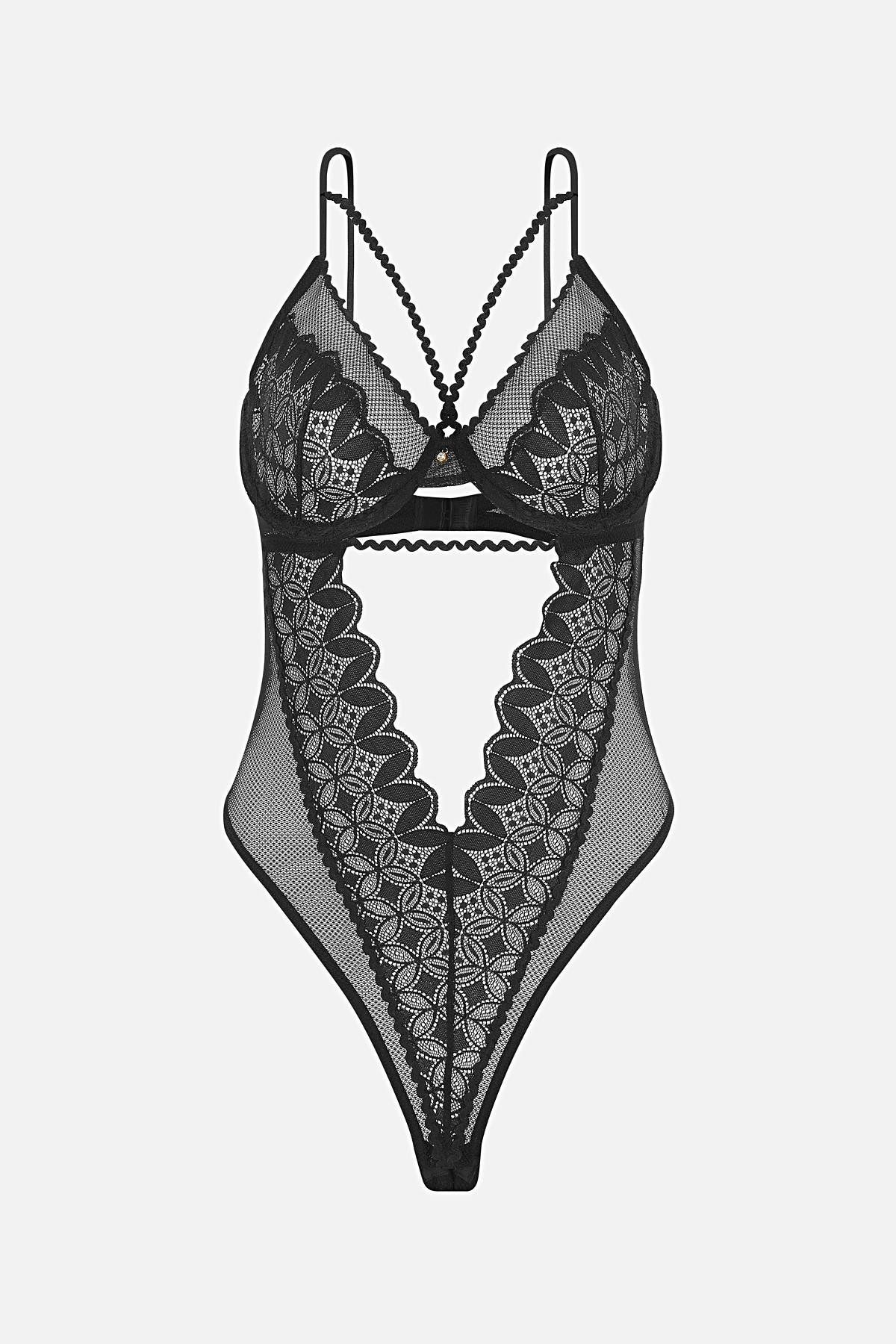 Wonna Dantelli Taş ve Lastik Detaylı Bodysuite - Kapsız - Fashion - 2727 - Siyah