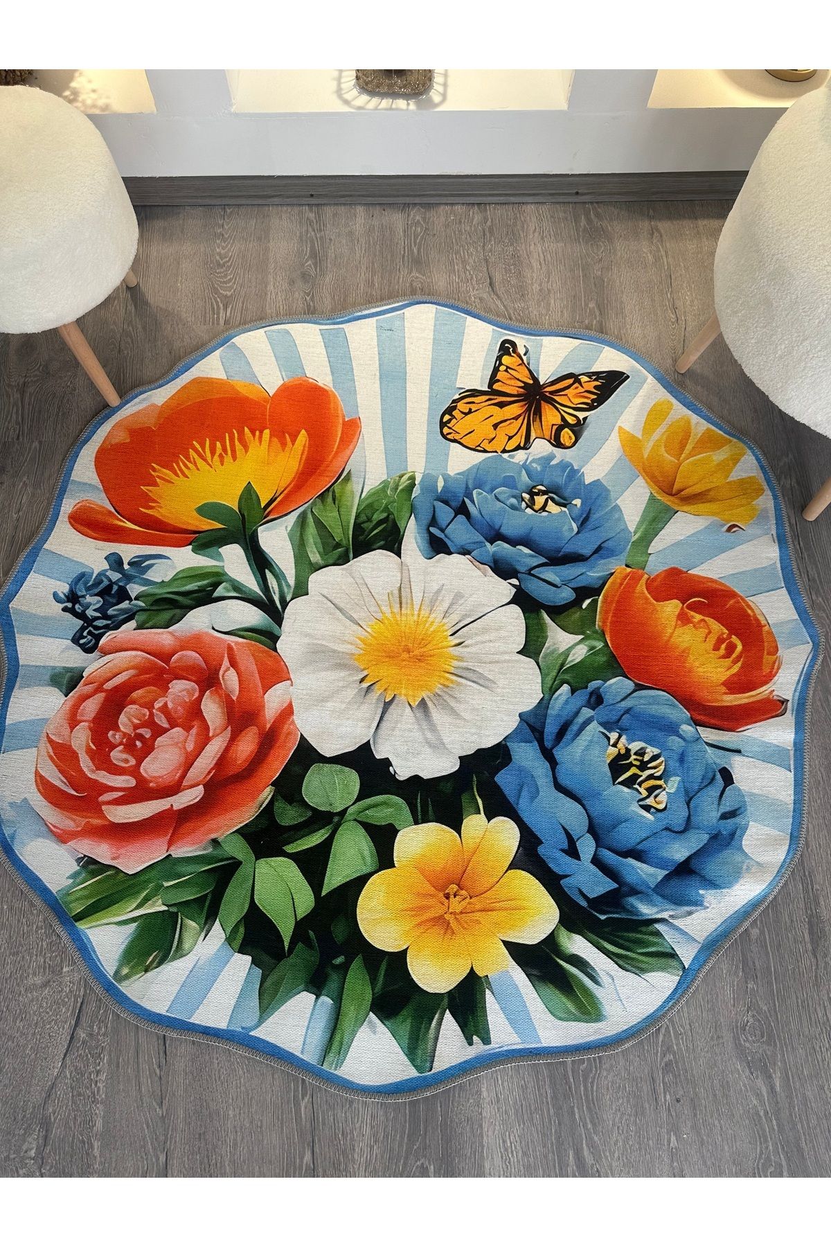 Rugs Modern Halı Leyla Koleksiyonu Renkli Çiçekler ve Kelebek Detaylı Dokuma Taban Dekoratif Halı leyla54