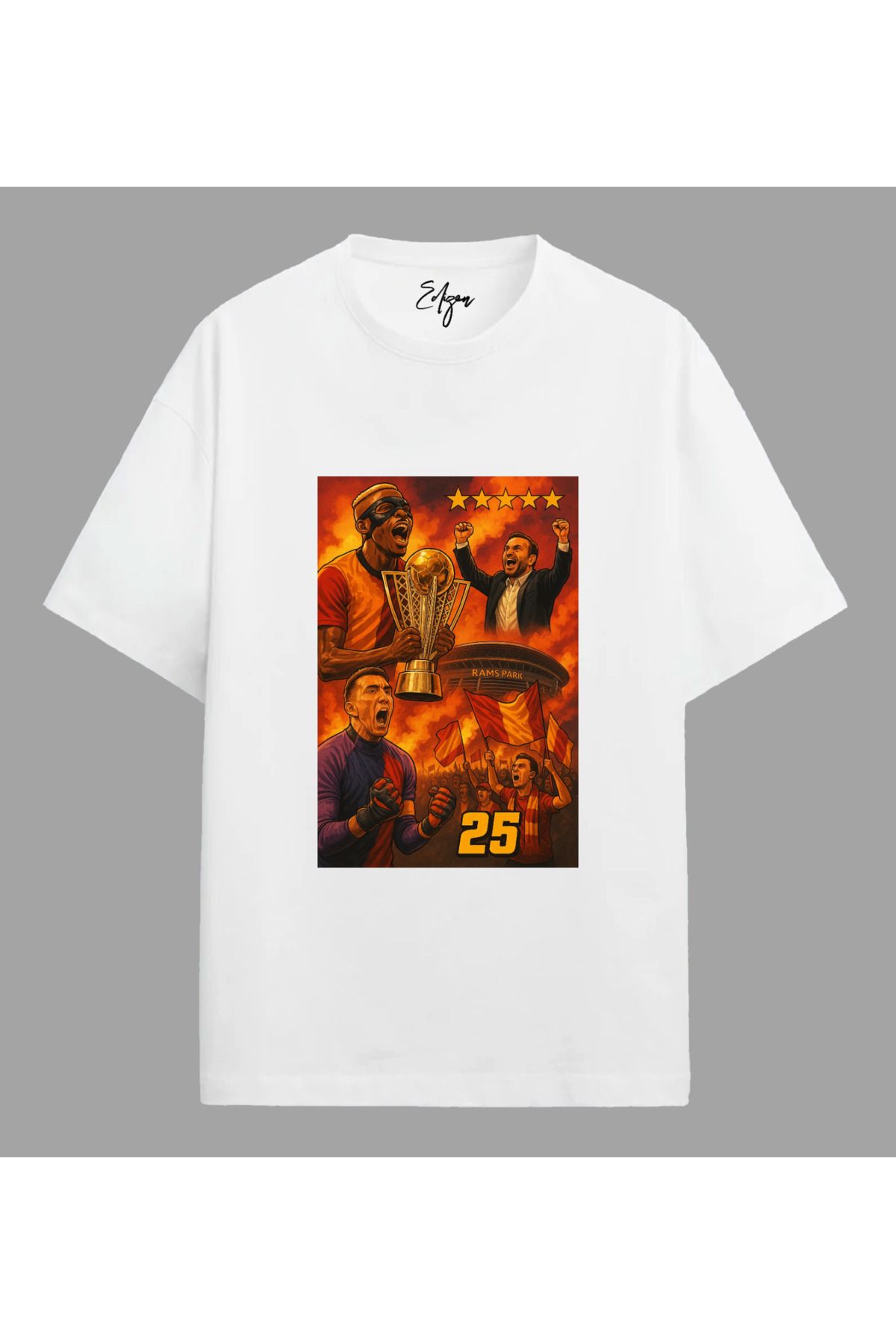 Edizen GS 5. Yıldız 25. Şampiyonluk T-shirt Unisex Oversize %100 Pamuk Beyaz