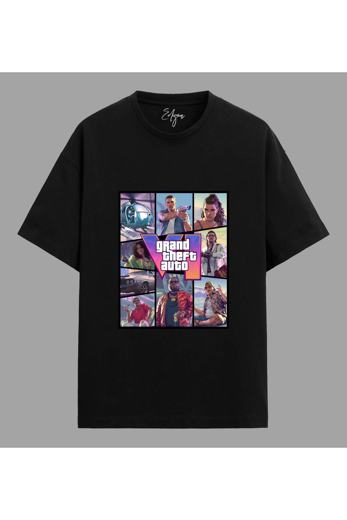 Edizen GTA VI T-shirt Unisex Oversize %100 Pamuk Siyah