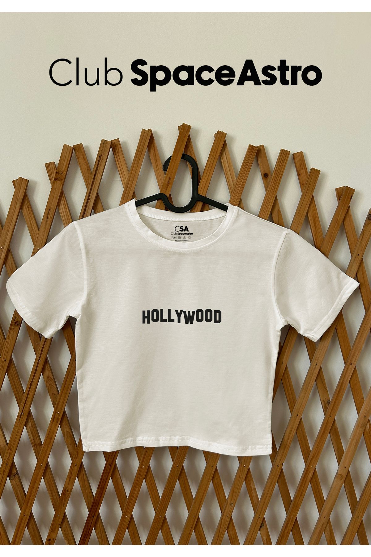 ClubSpaceAstro Hollywood Baskılı Pamuklu Likralı Bisiklet Yaka Crop Kadın Üst