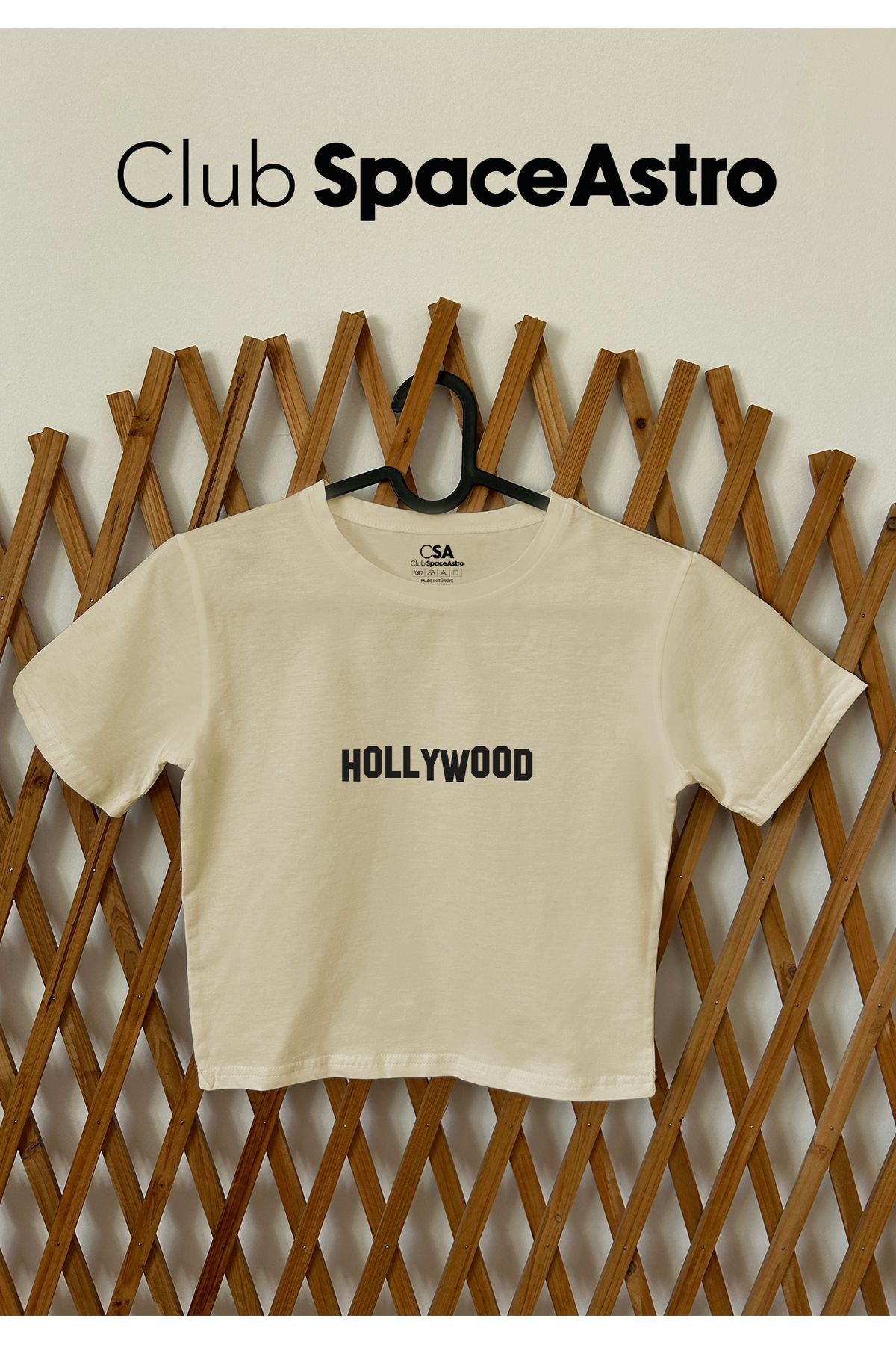 ClubSpaceAstro Hollywood Baskılı Pamuklu Likralı Bisiklet Yaka Crop Kadın Üst
