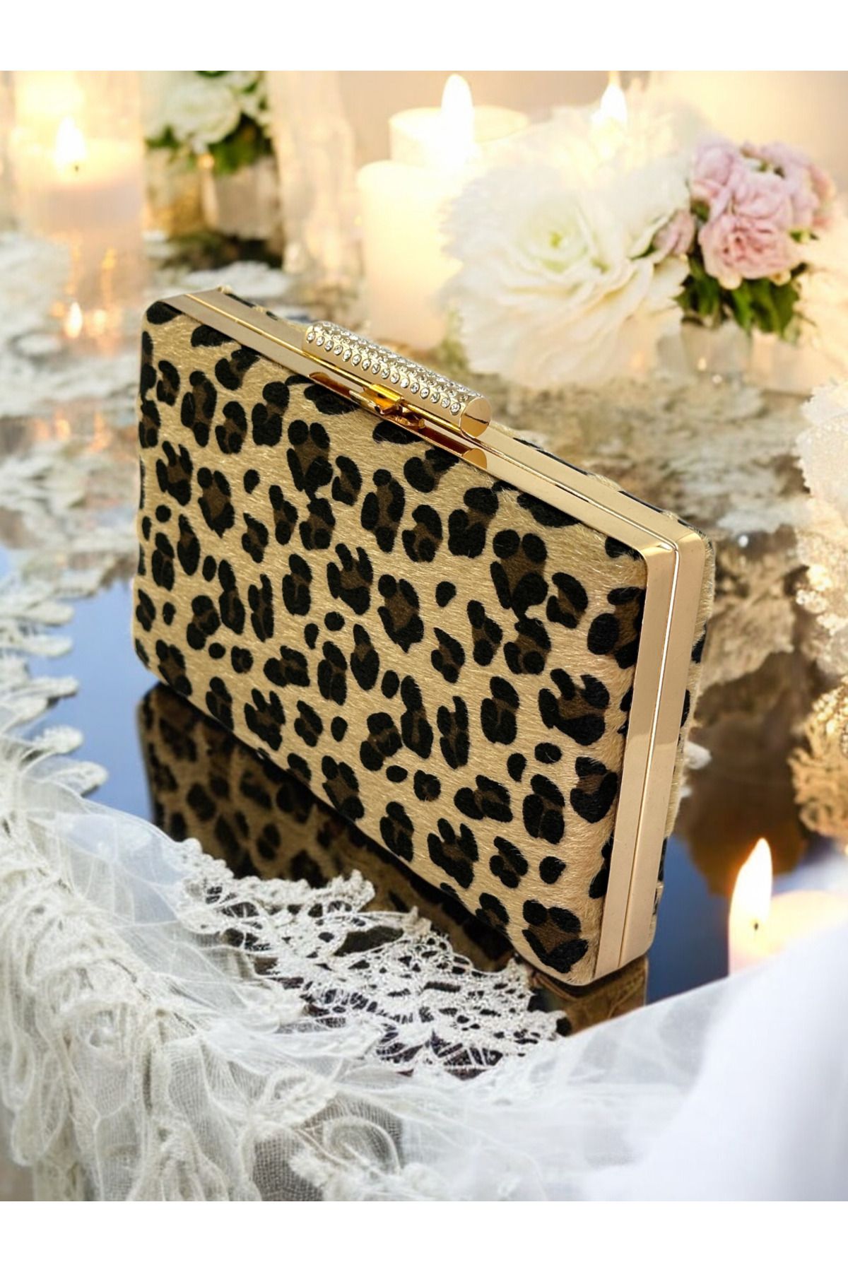MidStore Tüylü İthal Leopar Desenli Abiye Çanta Gece Çantası Düğün Nişan Mezuniyet