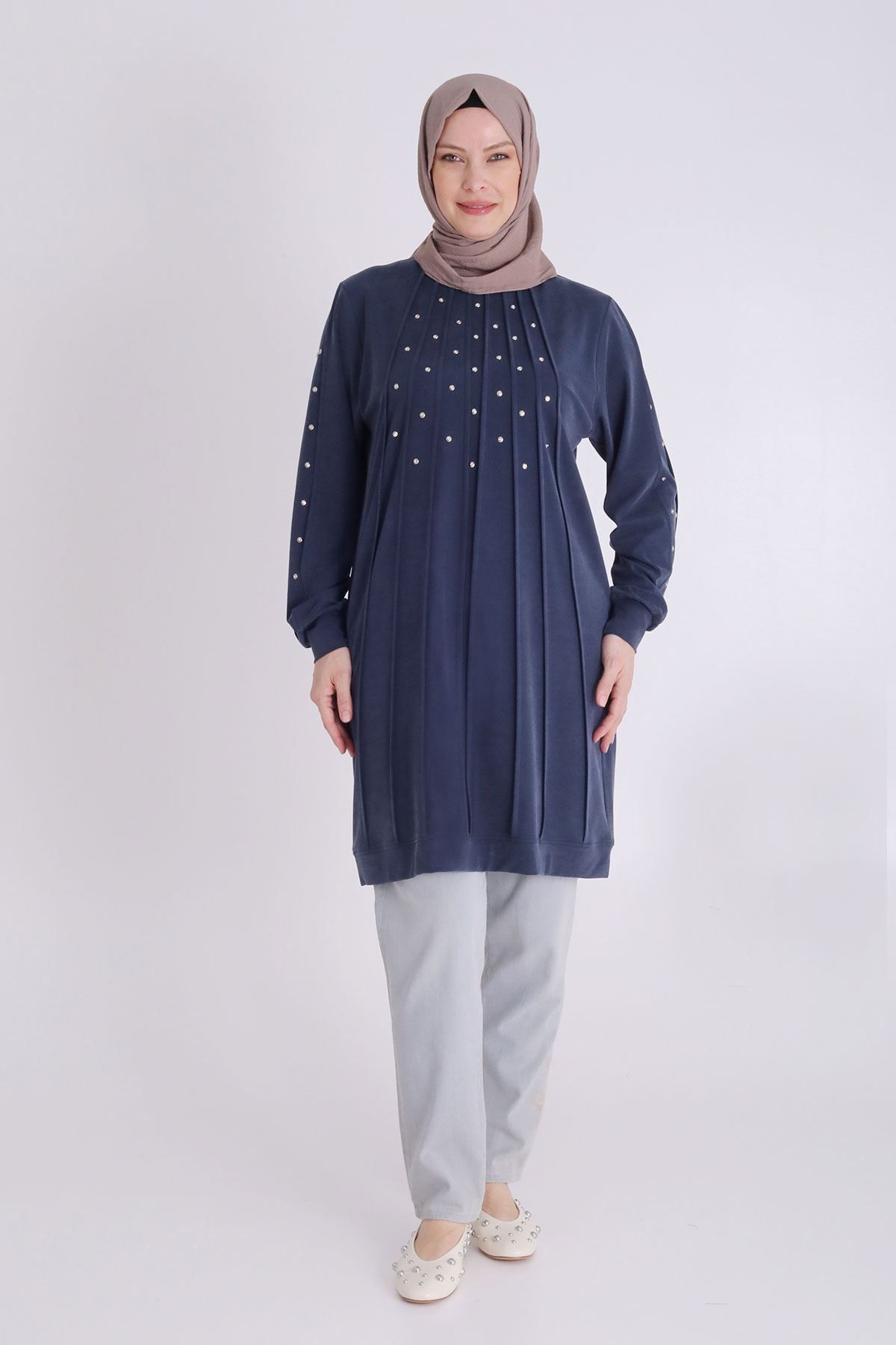 behrem Büyük Beden Tesettür Örme Lyocell Tunik 20118 Lacivert