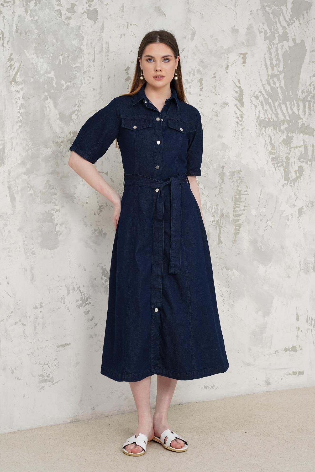 Livanomi Kemerli Denim Elbise