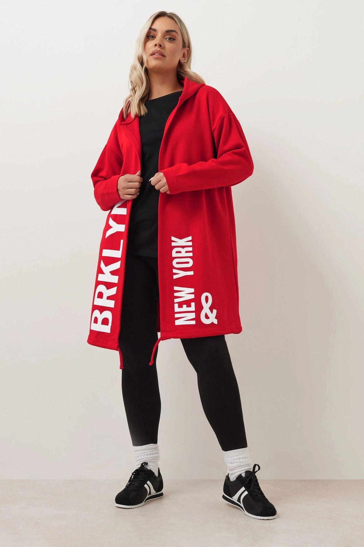 Stil Diva Büyük Beden Kapüşonlu Uzun Kollu Yazı Baskılı Cepsiz Hırka 303982