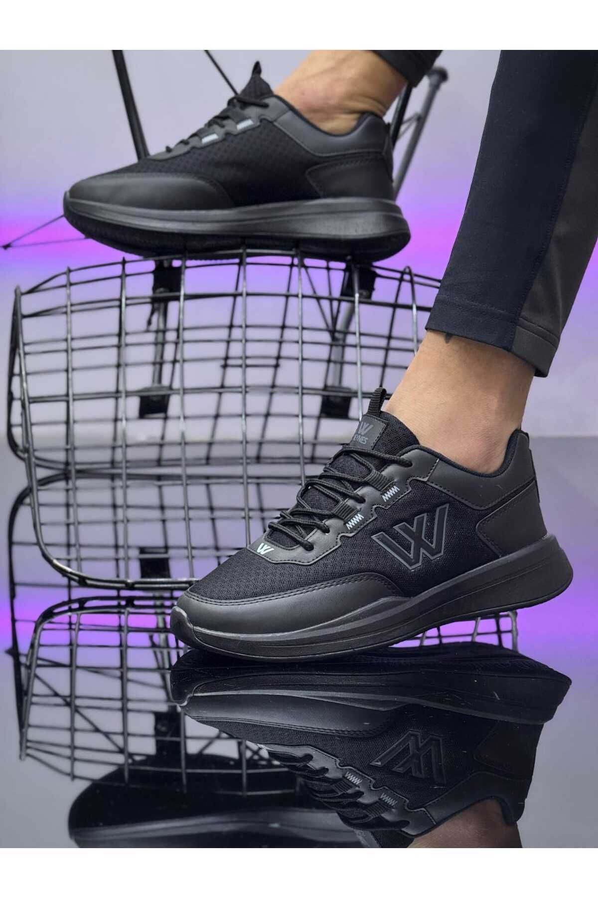 BİKAJOO Erkek Siyah Bağcıklı Günlük Fileli Rahat Spor Ayakkabı Sneaker BKJ4028