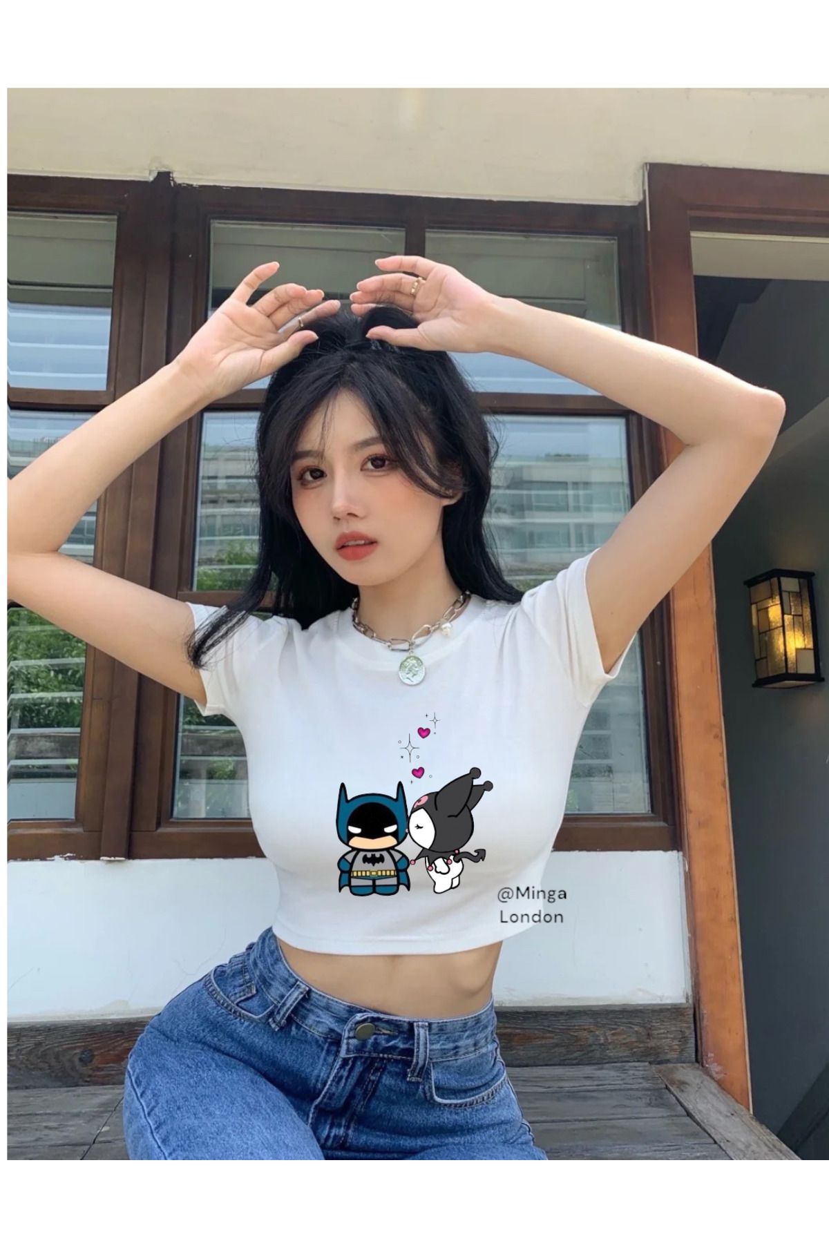 Minga London Beyaz Kuromi & Super Kahraman Baskılı Crop Bluz -Ghostella