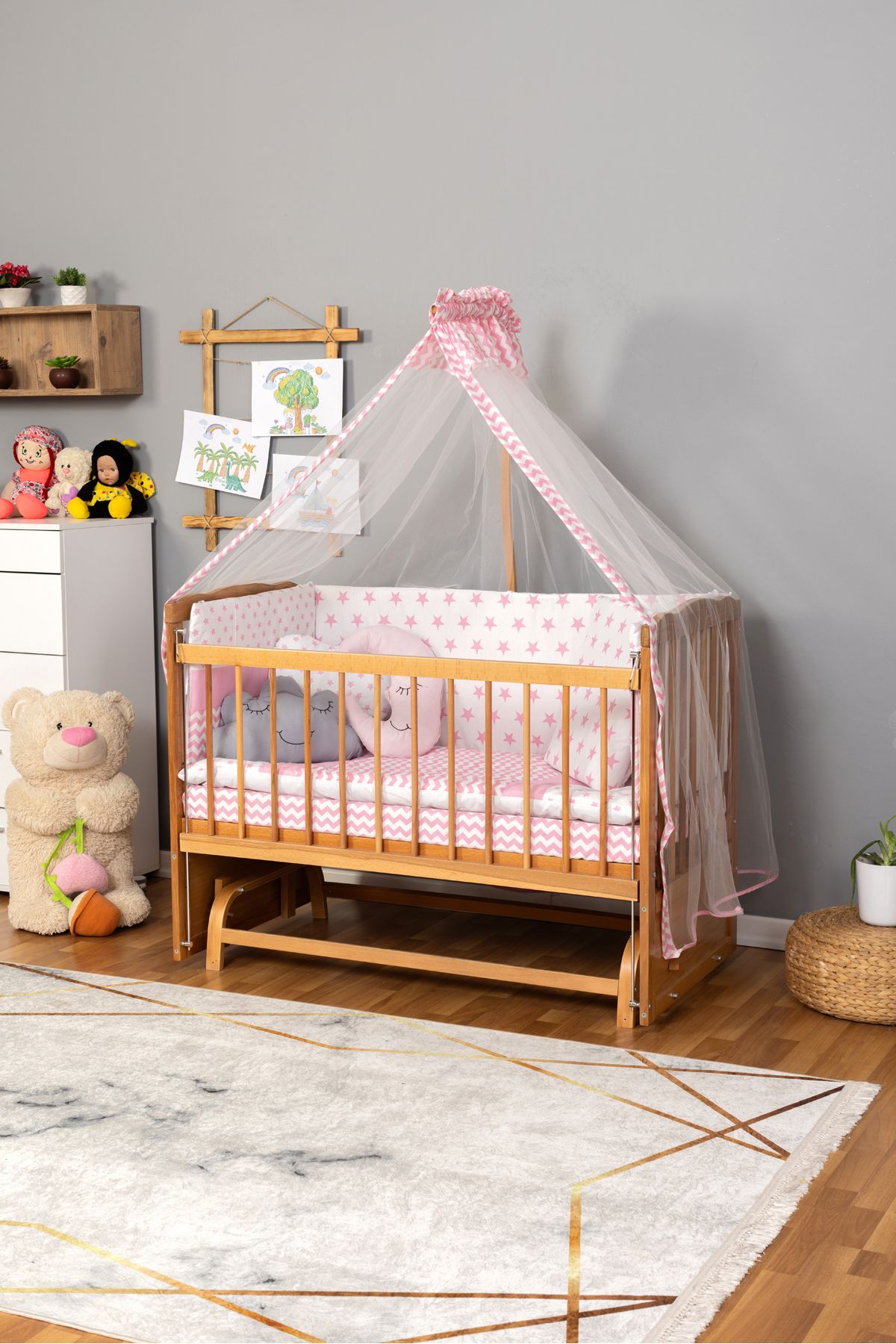 Carino Wins Ahşap Beşik Anne Yanı Yeni Doğan Tutku Doğal Bebek Beşiği PEMPE YILDIZ UYKU SETLİ