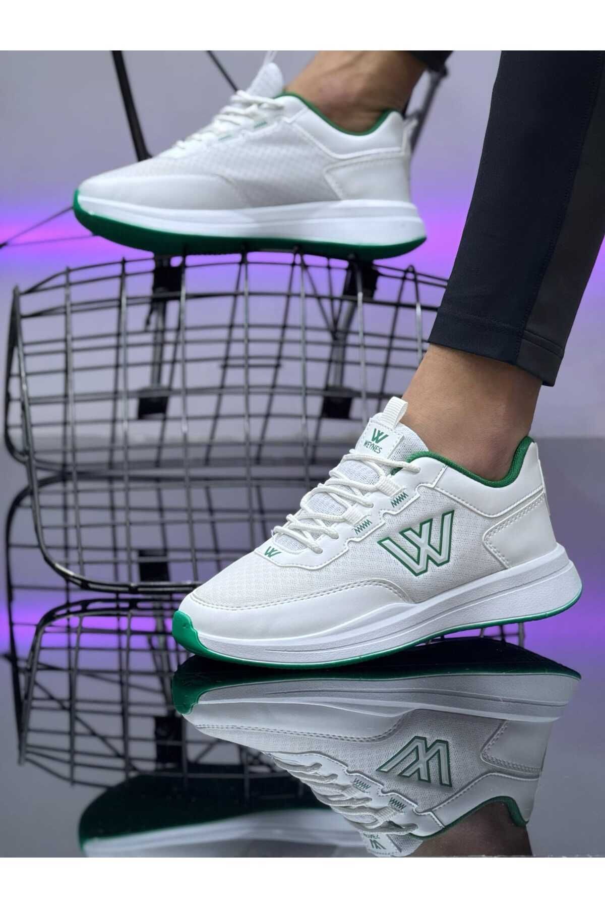 BİKAJOO Erkek Beyaz Yeşil Bağcıklı Günlük Fileli Rahat Spor Ayakkabı Sneaker BKJ4028