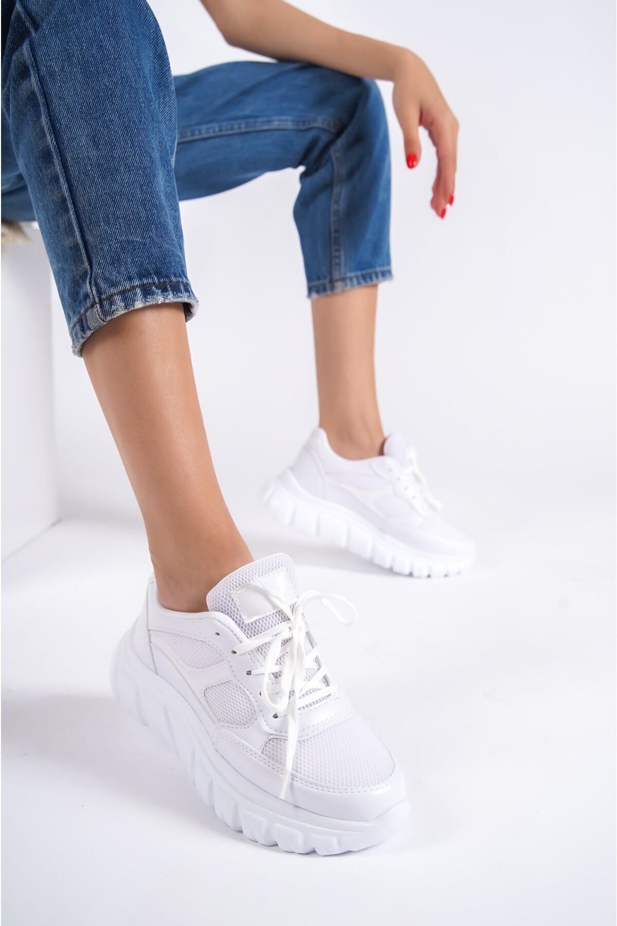 BİKAJOO Kadın Sade Beyaz Bağıcıklı Fileli Günlük Sneaker Spor Ayakkabı BKJ0474