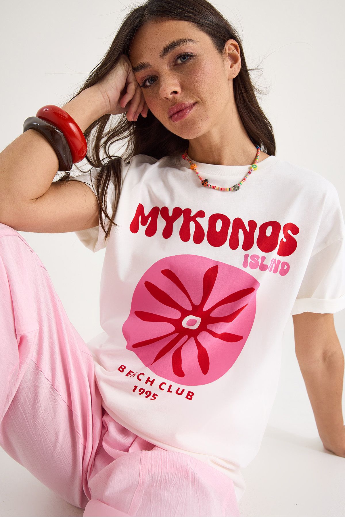 Bianco Lucci Kadın Mykonos Baskılı Oversize Pamuklu T-Shirt 5446 60283290