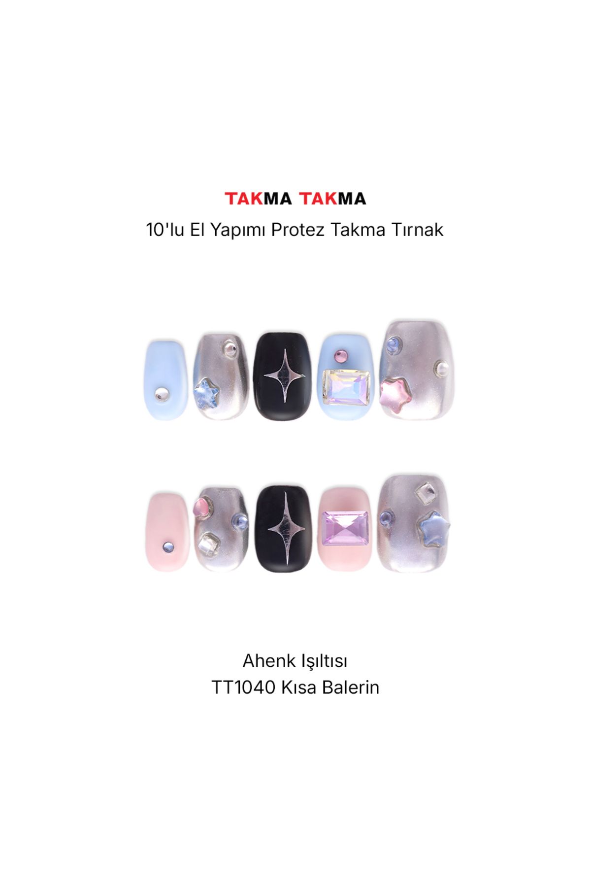 Takma Takma TT1040 - Korundum Serenad - 10'lu Tekrar Kullanılabilir El Yapımı Protez Takma Tırnak L-Mavi