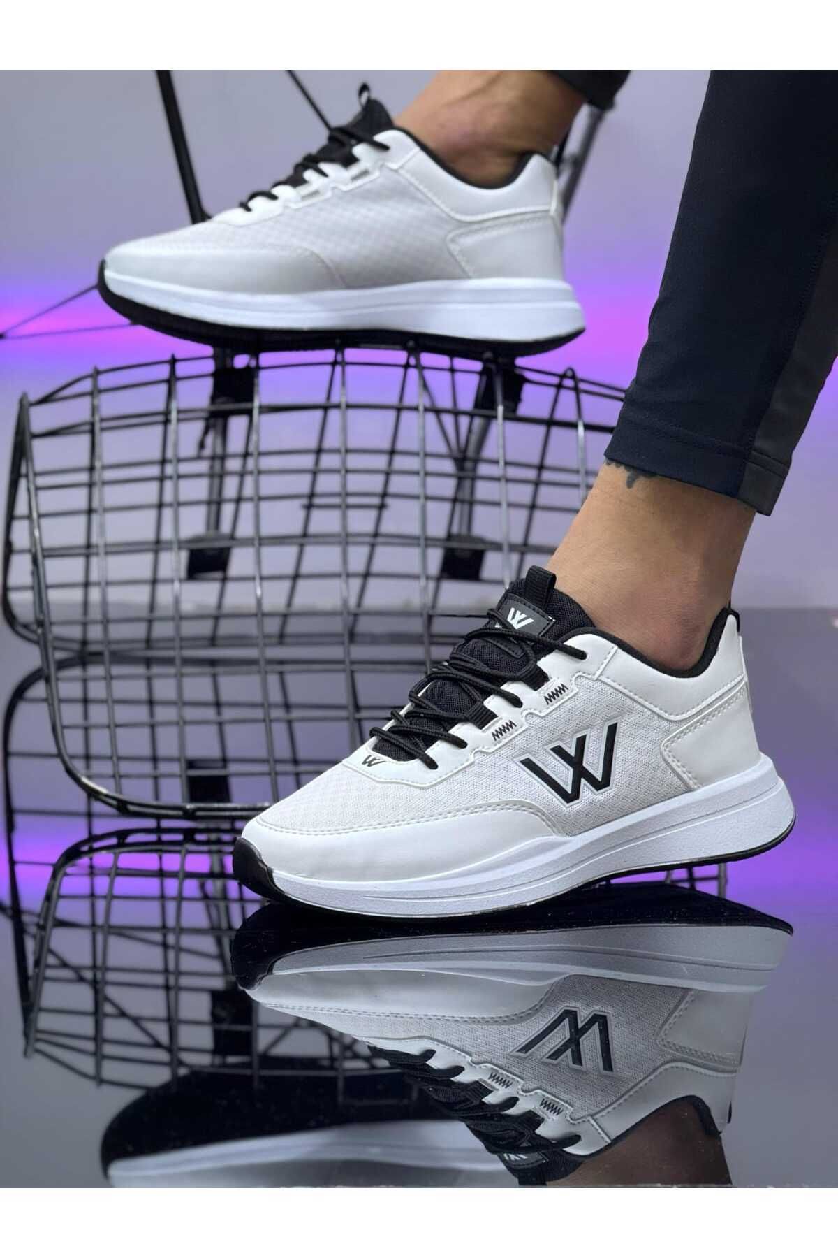 BİKAJOO Erkek Beyaz Siyah Bağcıklı Günlük Fileli Rahat Spor Ayakkabı Sneaker BKJ4028